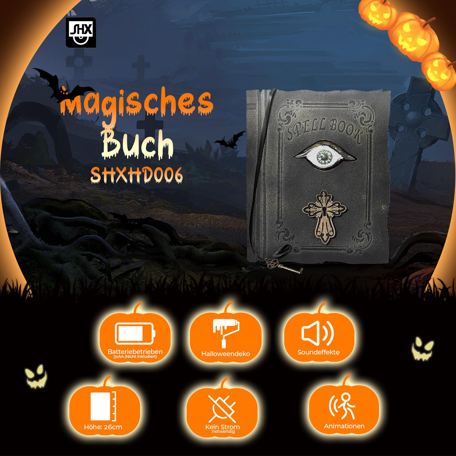 Ein Halloween-Bild zeigt ein Zauberbuch mit Auge und Kreuz. Kürbisse und Fledermäuse schmücken den dunklen Hintergrund. Text auf Deutsch.