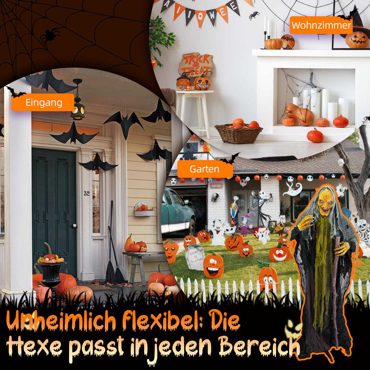 Halloween-Szene mit Dekorationen in verschiedenen Bereichen: Eingang, Wohnzimmer und Garten, Kürbisse, Fledermäuse, Hexe, Spinnennetz.