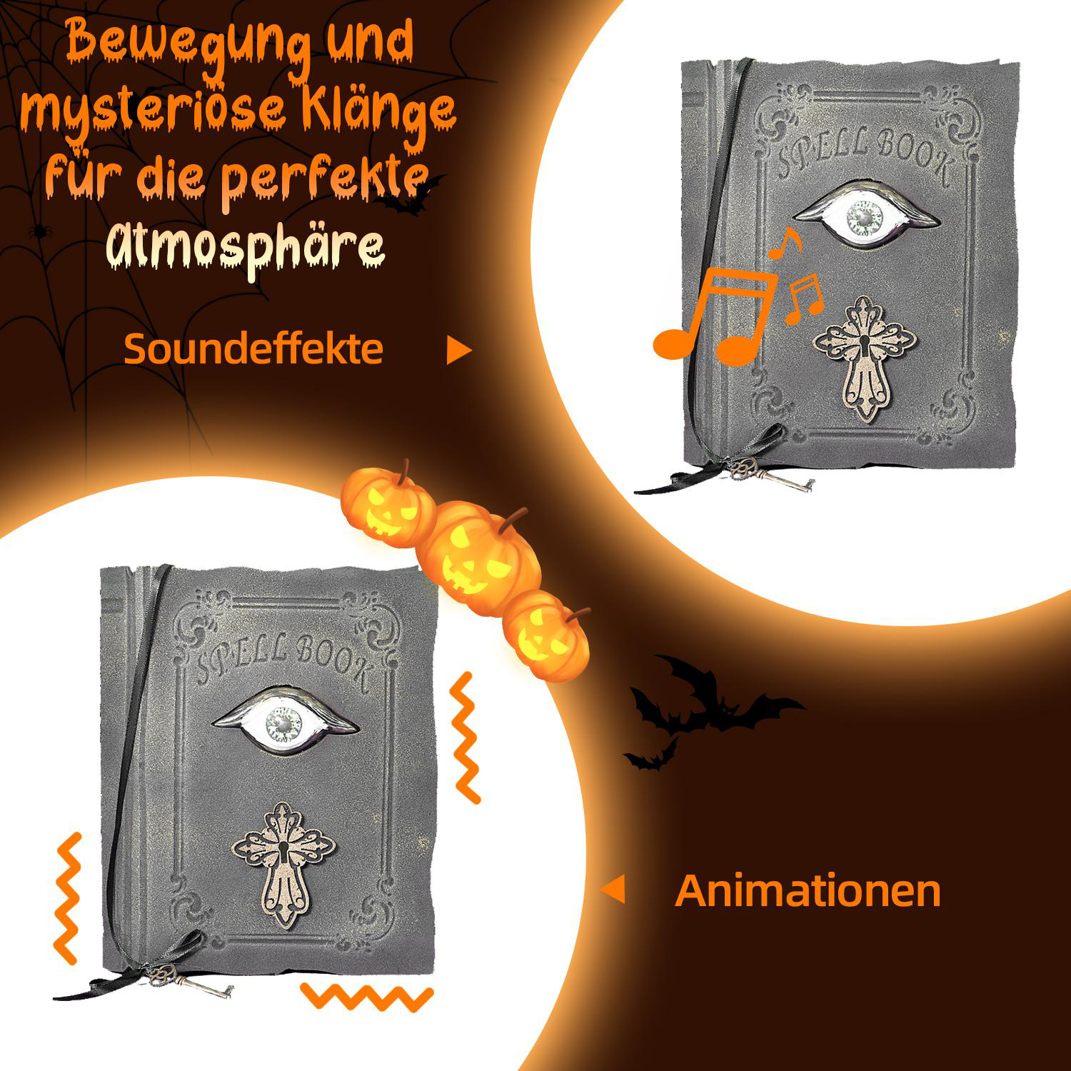 Halloween-Bild mit Zauberbüchern, Kürbissen, Fledermäusen und Text. Bietet Soundeffekte und Animationen. Gruselig-oranges und schwarzes Farbschema.
