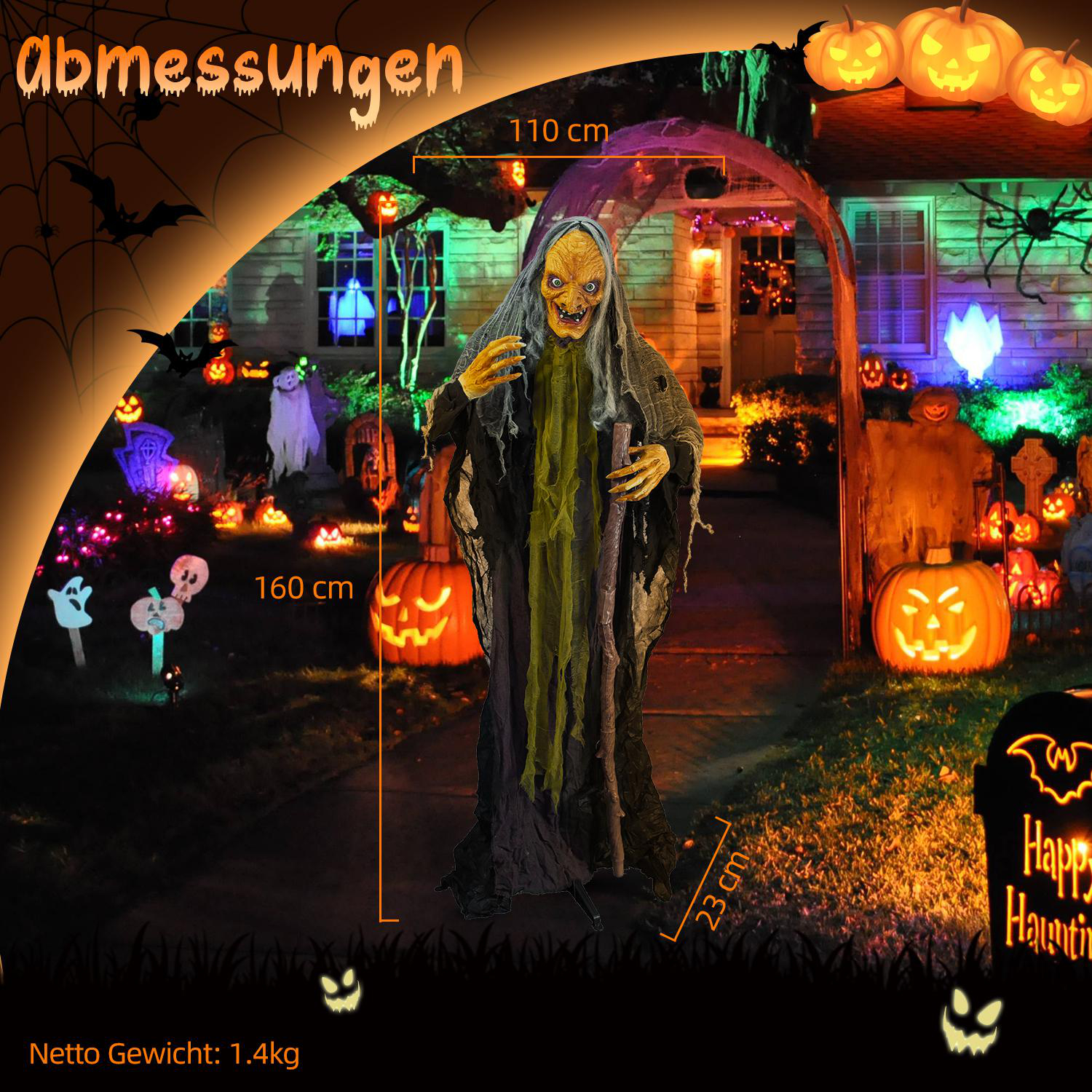 Halloween-Dekoration mit einer Hexe, Kürbissen, Geistern und einem Haus. Die Szene ist dunkel und gruselig, mit Abmessungen und Gewicht.