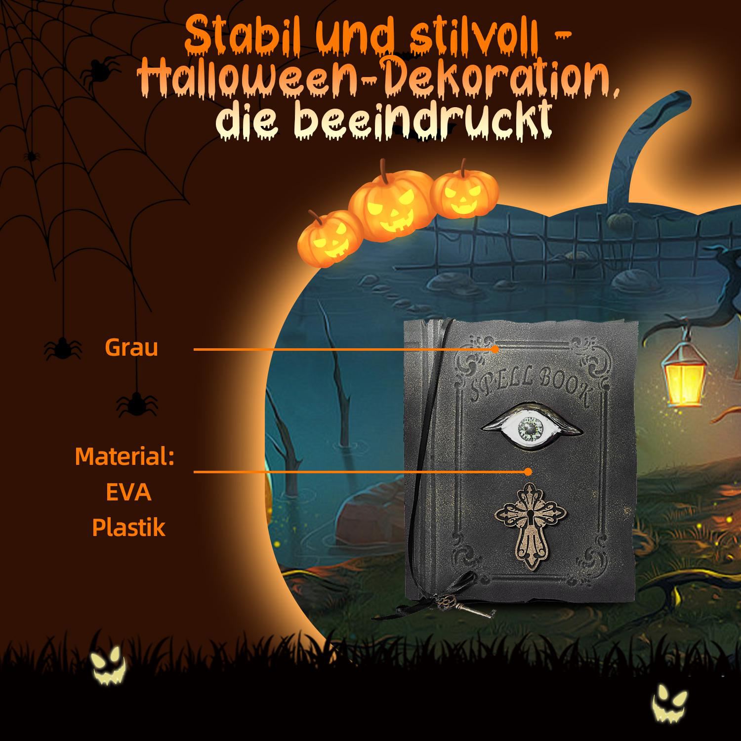 Halloween-Dekoration mit Kürbissen, einem Zauberbuch und einer gruseligen Szene. Der Text lautet 'Stabil und stilvoll - Halloween-Dekoration, die beeindruckt'.