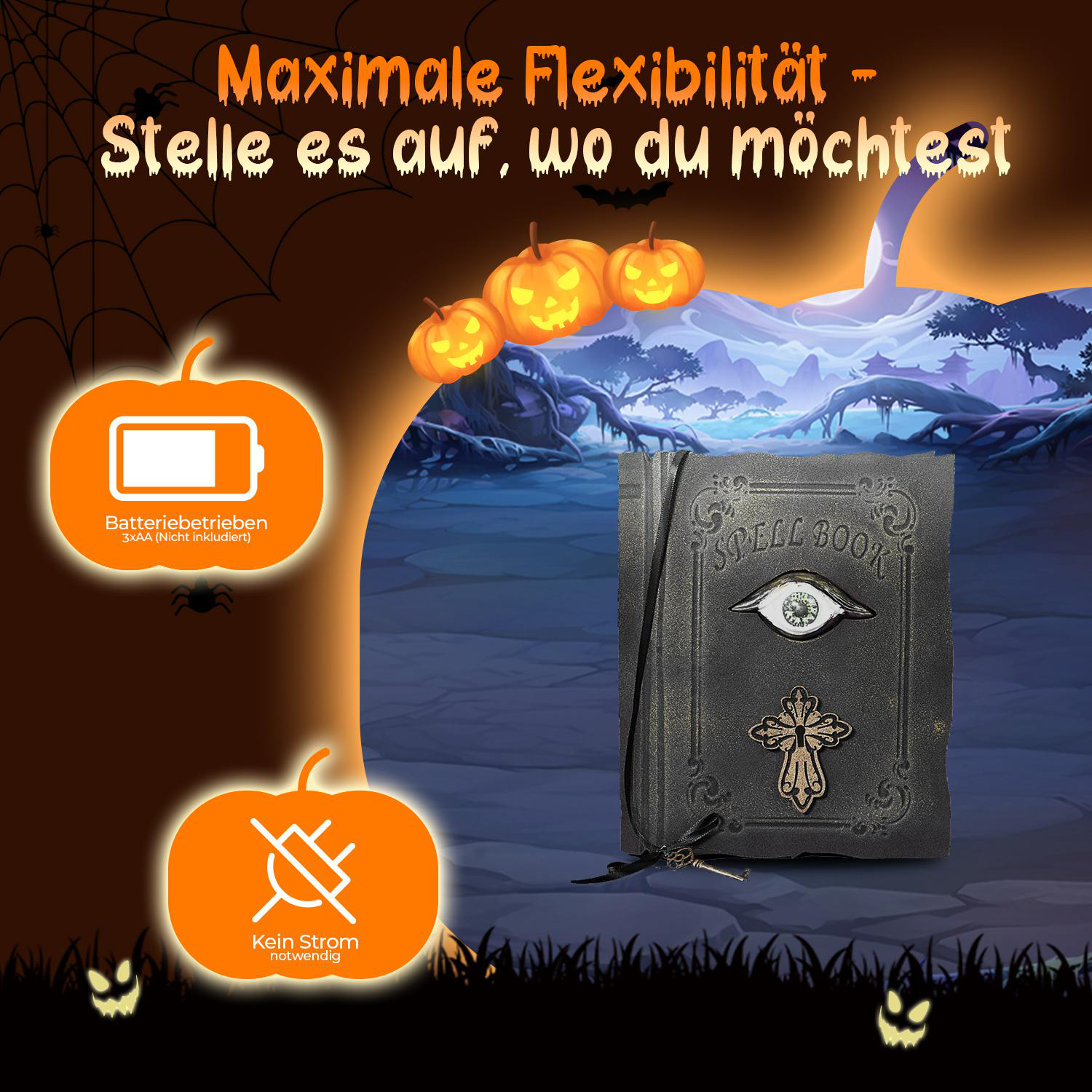 Halloween-Thema. Kürbisse, ein Zauberbuch und Batteriesymbole vor dunklem, gruseligem Hintergrund mit deutschem Text.