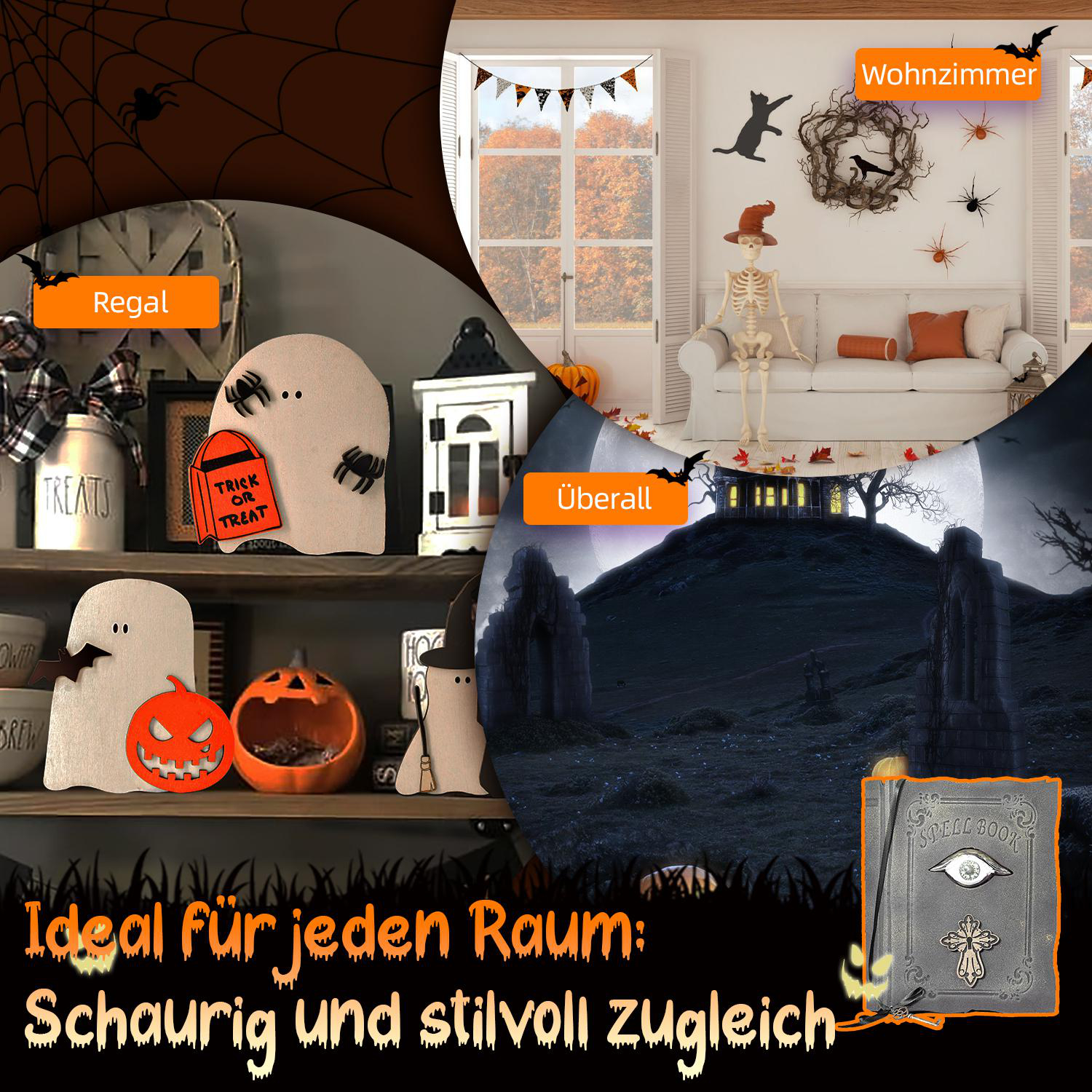 Eine Halloween-Collage mit gruseligen Dekorationen: Geister, Kürbisse, Fledermäuse und ein Skelett. Ein Haus und ein Zauberbuch sind ebenfalls abgebildet.