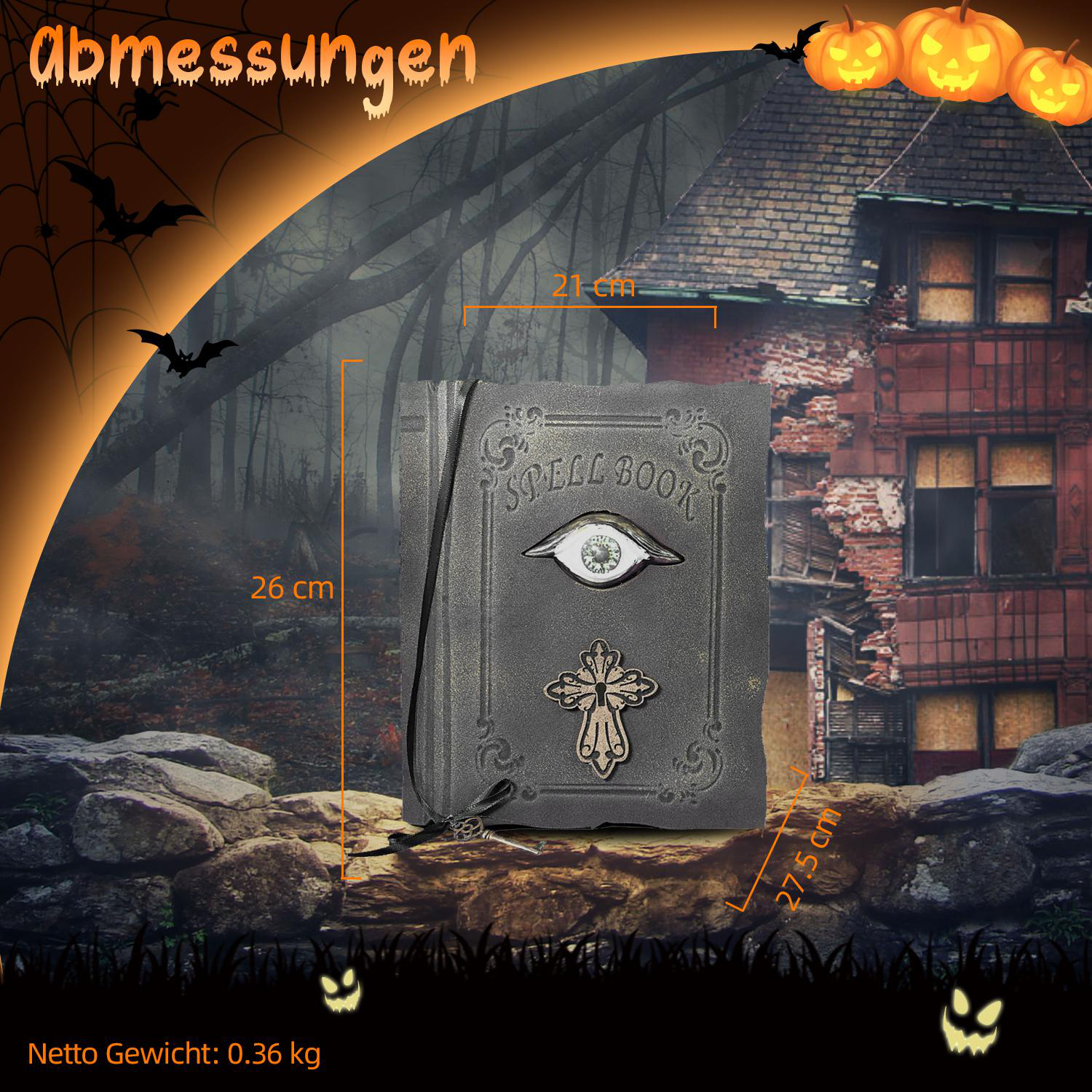 Ein Zauberbuch mit einem Auge und einem Kreuz vor einem gruseligen Hintergrund. Der Hintergrund umfasst ein Spukhaus, Kürbisse und Fledermäuse.