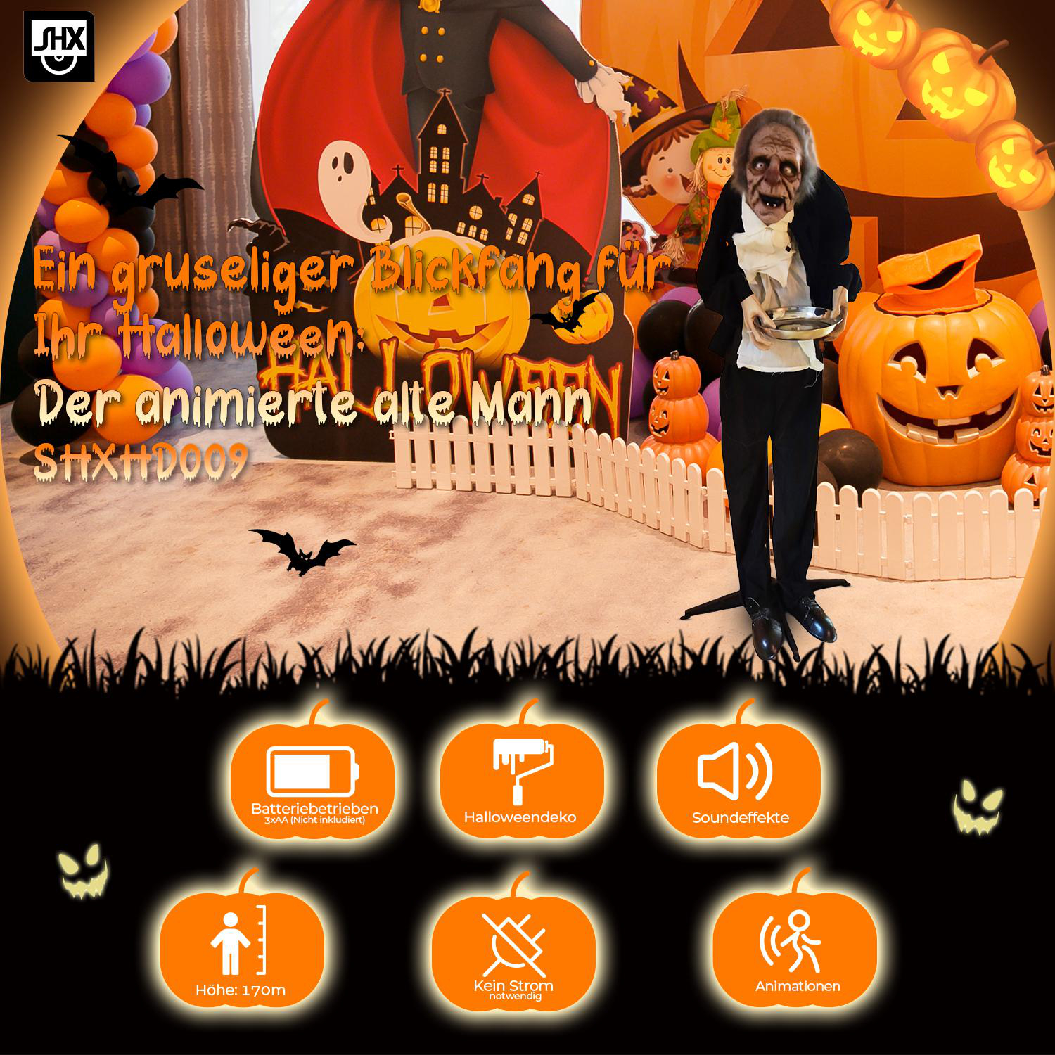 Eine Halloween-Dekoration mit einem animierten alten Mann, der ein Tablett hält. Kürbisse und Halloween-Icons sind im Hintergrund.
