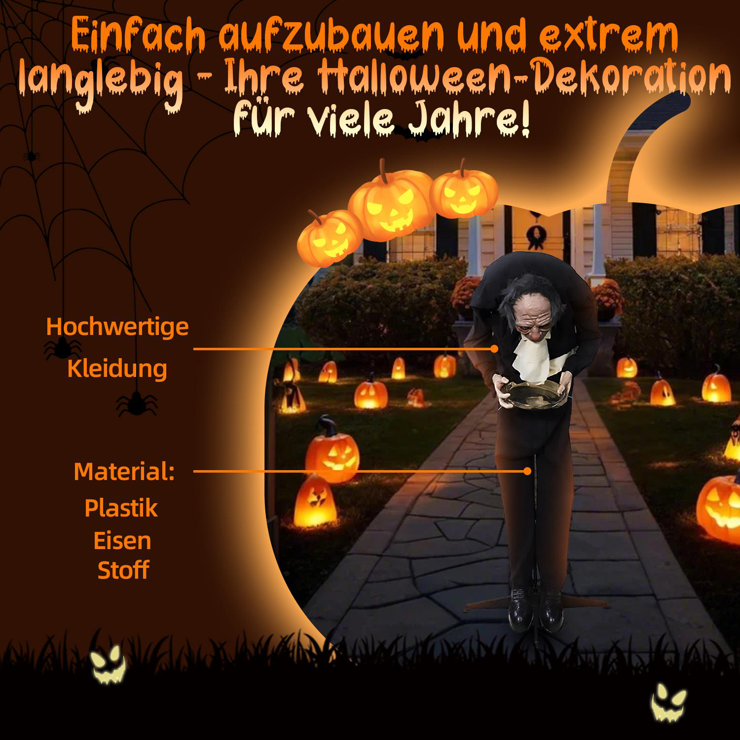 Halloween-Dekoration mit Kürbissen und einer Figur, die einen Teller hält, vor einem Haus. Text auf Deutsch.