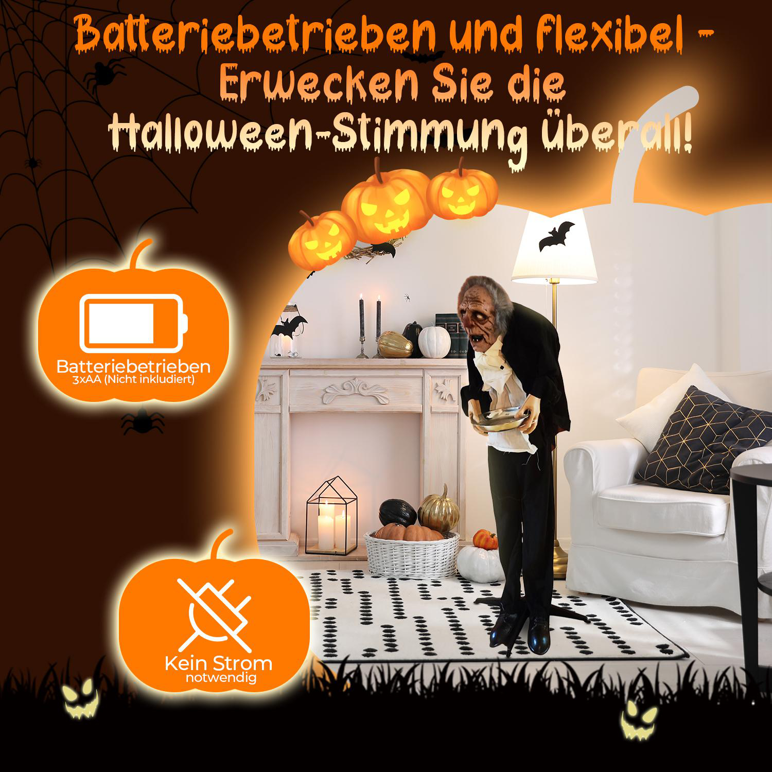 Halloween-Dekoration mit Zombie, Kürbissen und Fledermäusen. Auf der linken Seite befindet sich eine batteriebetriebene Kürbisgrafik. Der Text lautet 'Halloween Stimmung'.