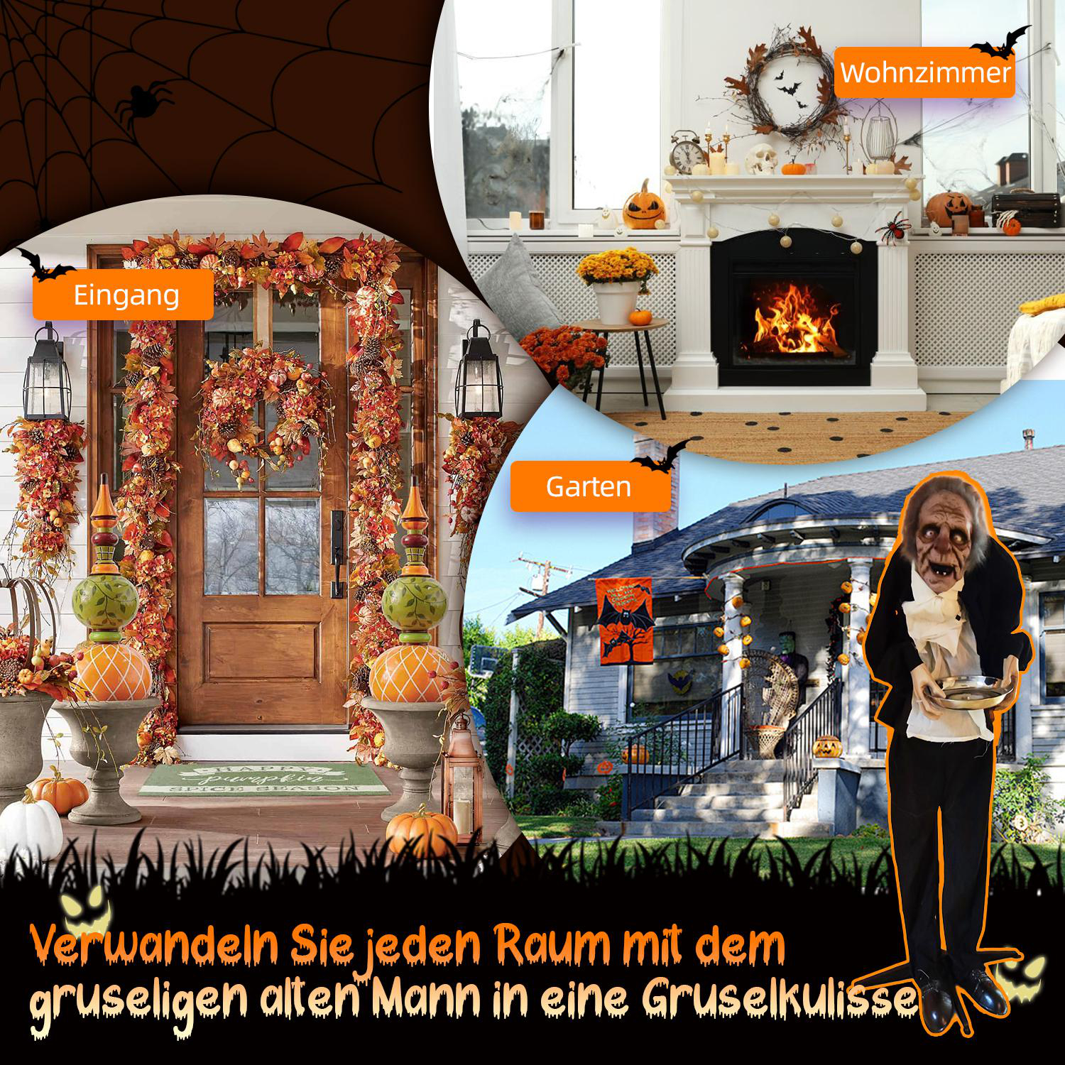 Halloween-Dekoration: Eingang mit Herbstblättern, Kamin, Gartenszene mit einem gruseligen Mann.