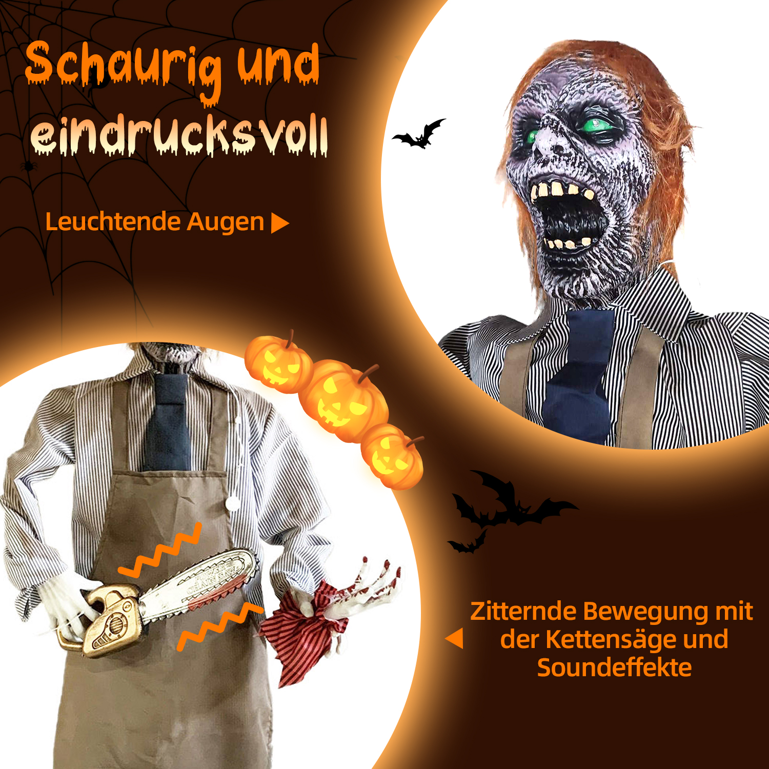 Halloween-Dekoration: Zombie mit leuchtenden Augen, gestreiftem Hemd und Schürze. Mit Kettensäge und roter Schleife. Kürbisse im Hintergrund.