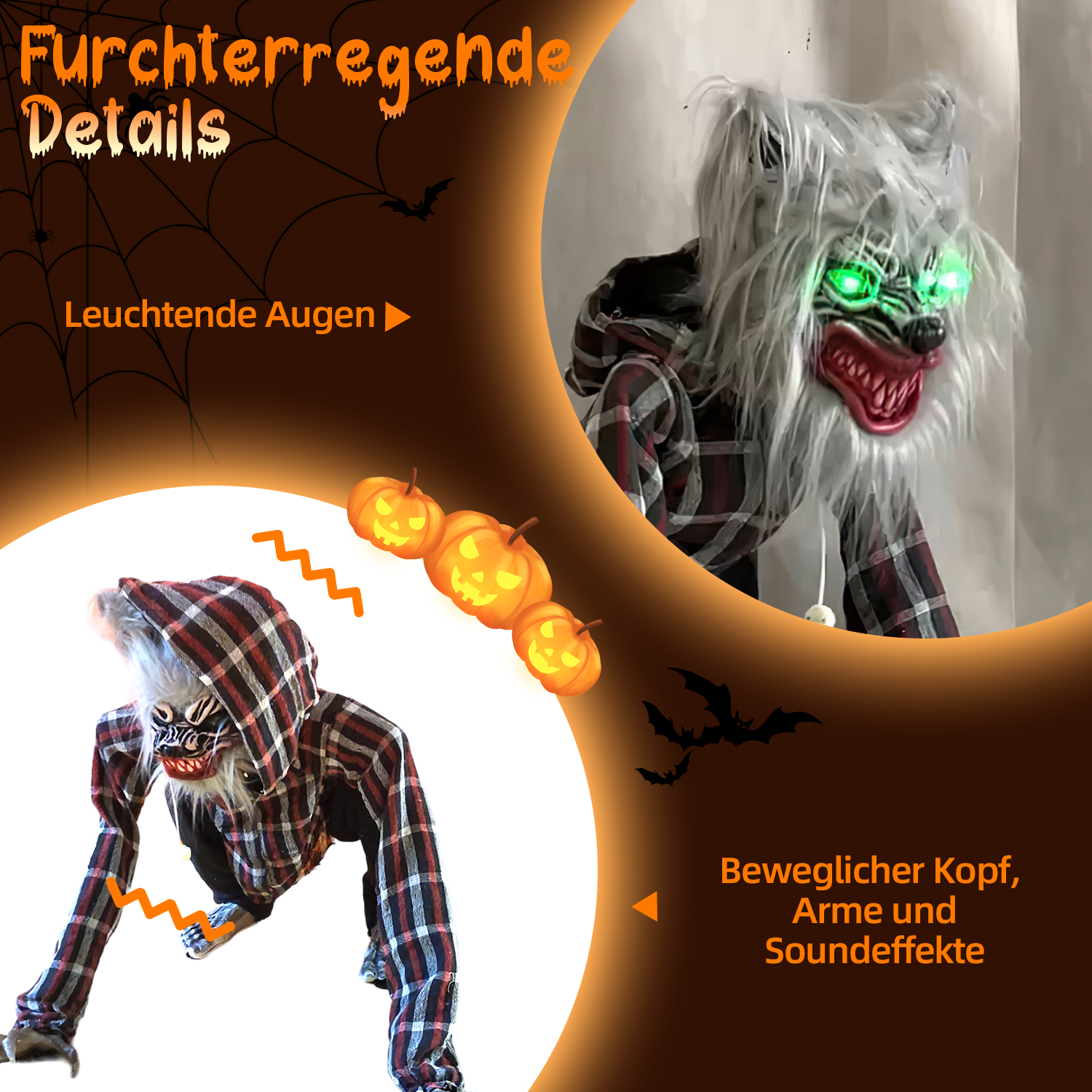 Eine Halloween-Dekoration einer wolfsähnlichen Figur in einem karierten Hemd, mit leuchtend grünen Augen und einem grimmigen Maul, auf Halloween-Hintergrund.