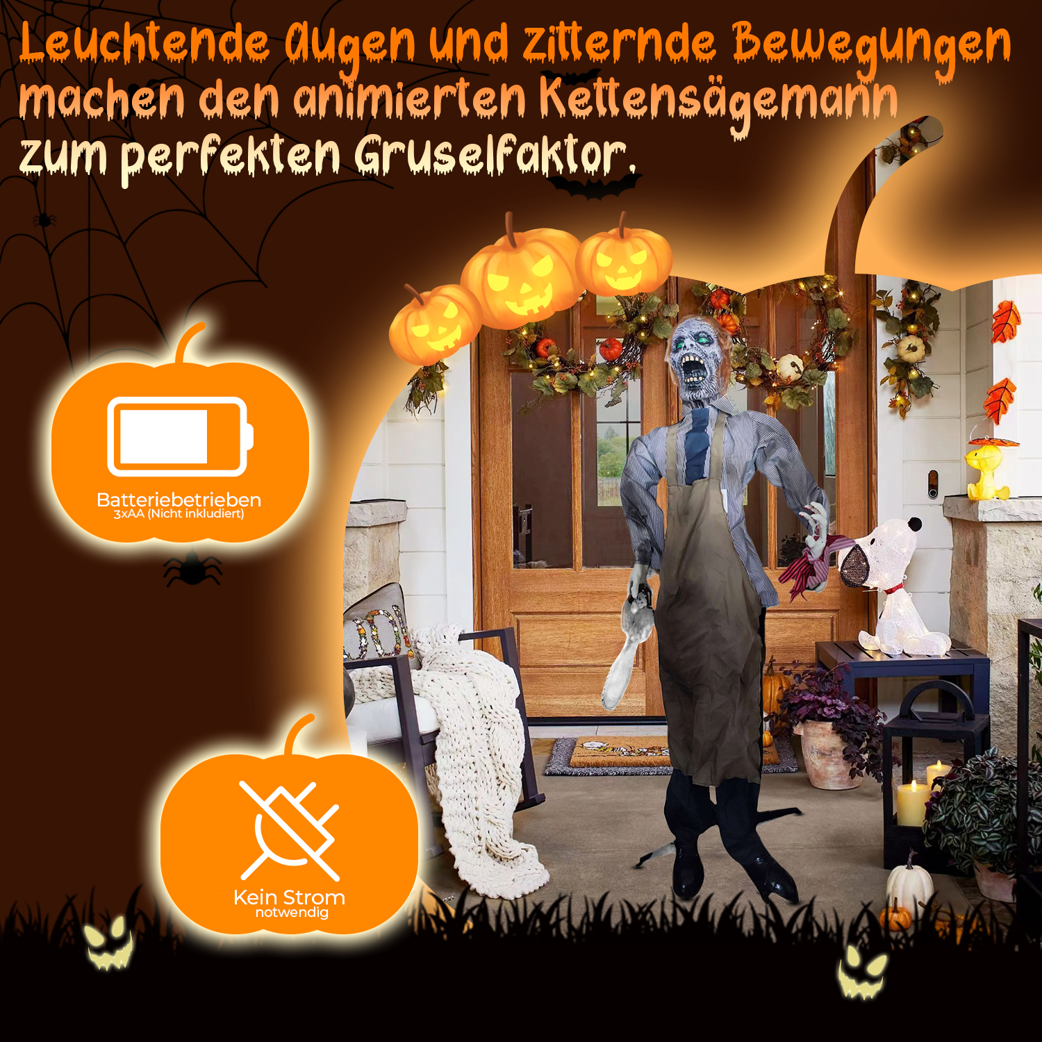 Eine Halloween-Dekoration zeigt einen Zombie mit einem Messer, Kürbissen und einem leuchtenden Hund. Text sagt: 'Zitternde Bewegungen machen es gruselig'.