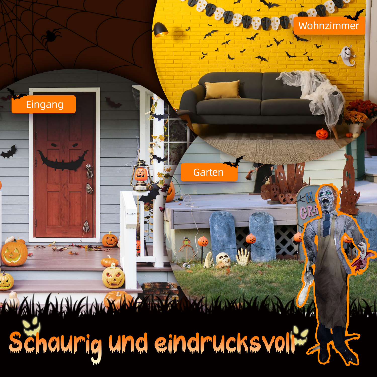 Halloween-Szene mit dekoriertem Eingang, Wohnzimmer und Garten. Kürbisse, Fledermäuse, Spinnweben und ein Zombie sind sichtbar.