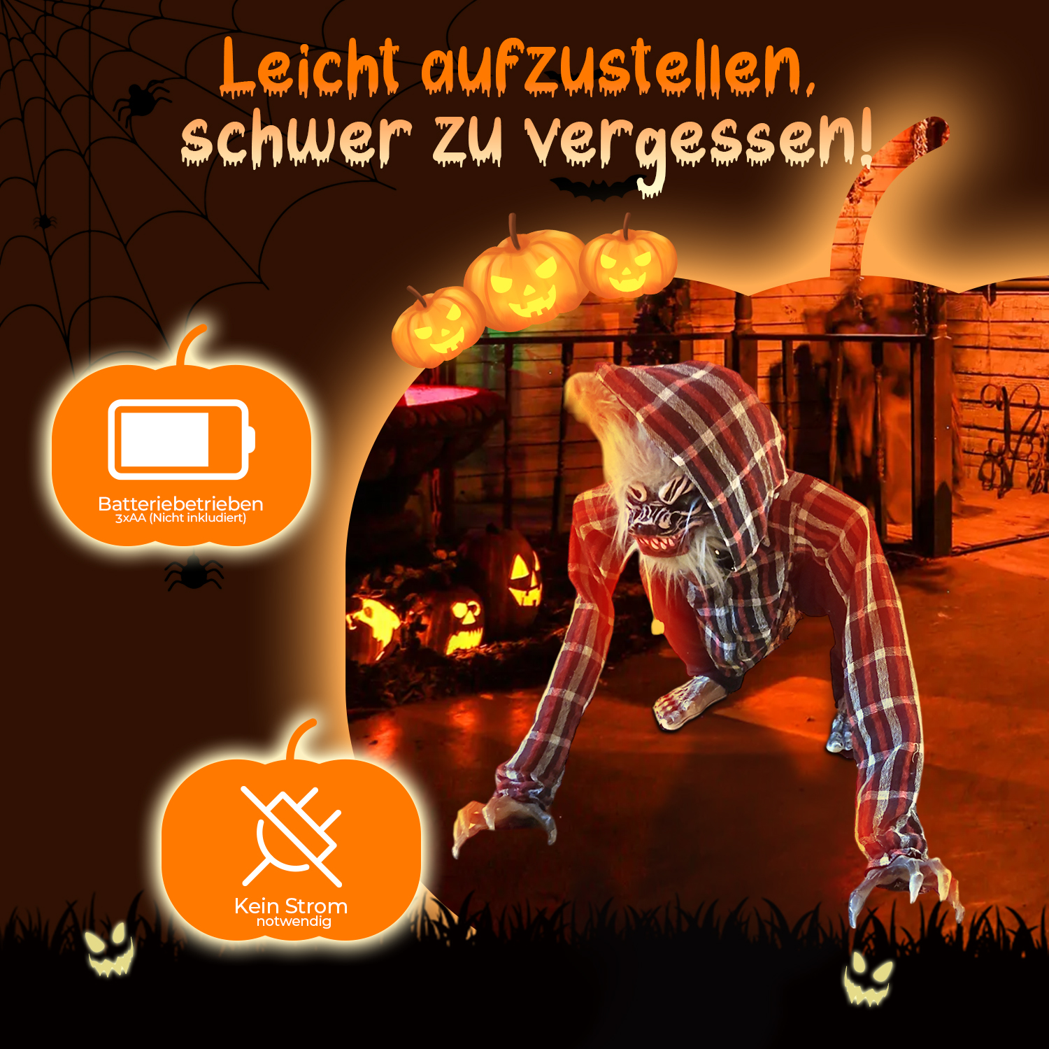 Eine Halloween-Dekoration mit einem Monster, das sich vorwärts bewegt, Kürbissen und Text auf Deutsch. Der Hintergrund ist dunkel.