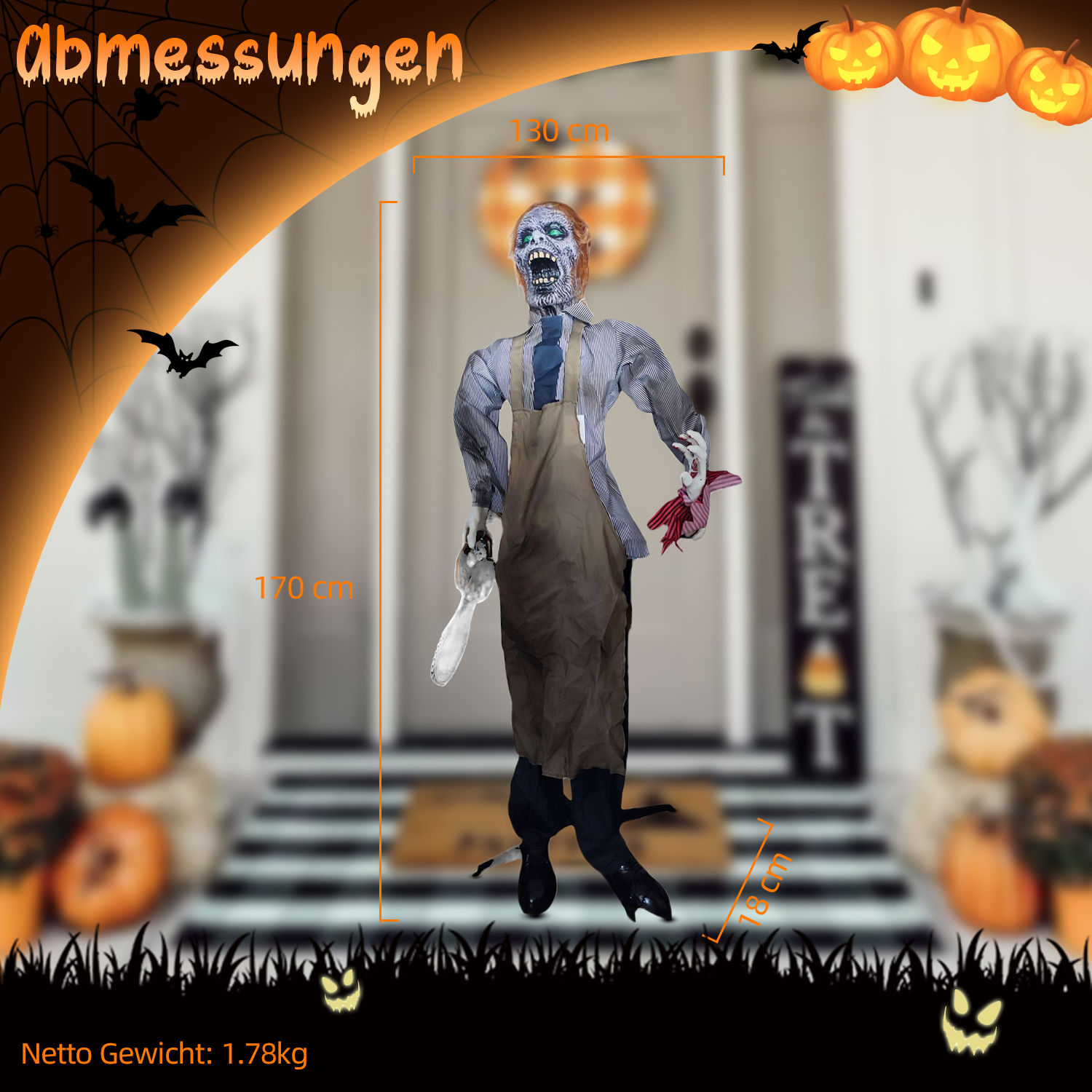 Eine Halloween-Zombie-Dekoration mit Messer und rotem Stoff. Kürbisse, Fledermäuse und ein 'TREAT'-Schild sind im Hintergrund.