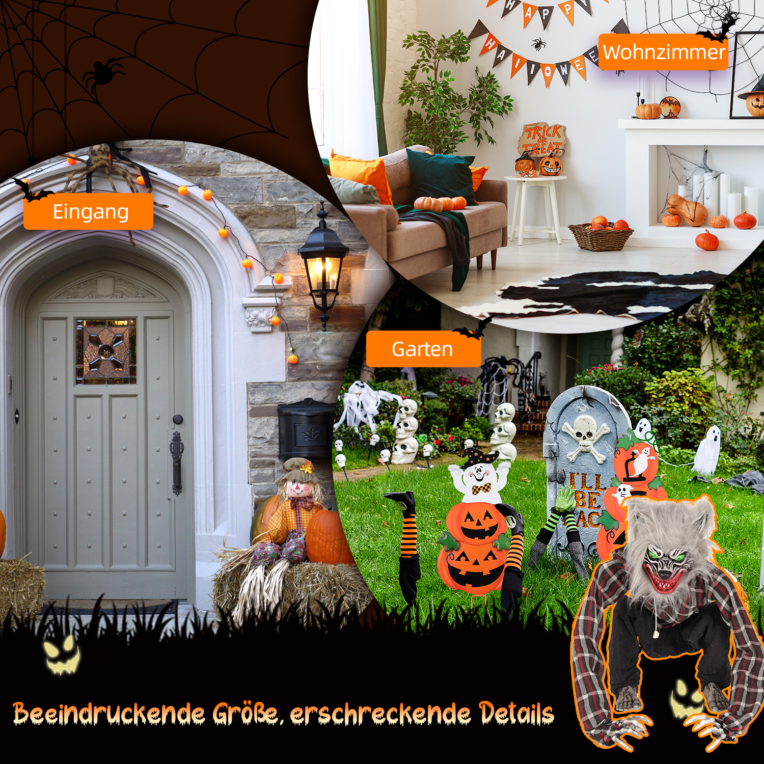 Halloween-Dekoration: Szenen von Eingang, Wohnzimmer und Garten mit Kürbissen, Dekorationen und einer Werwolf-Figur.