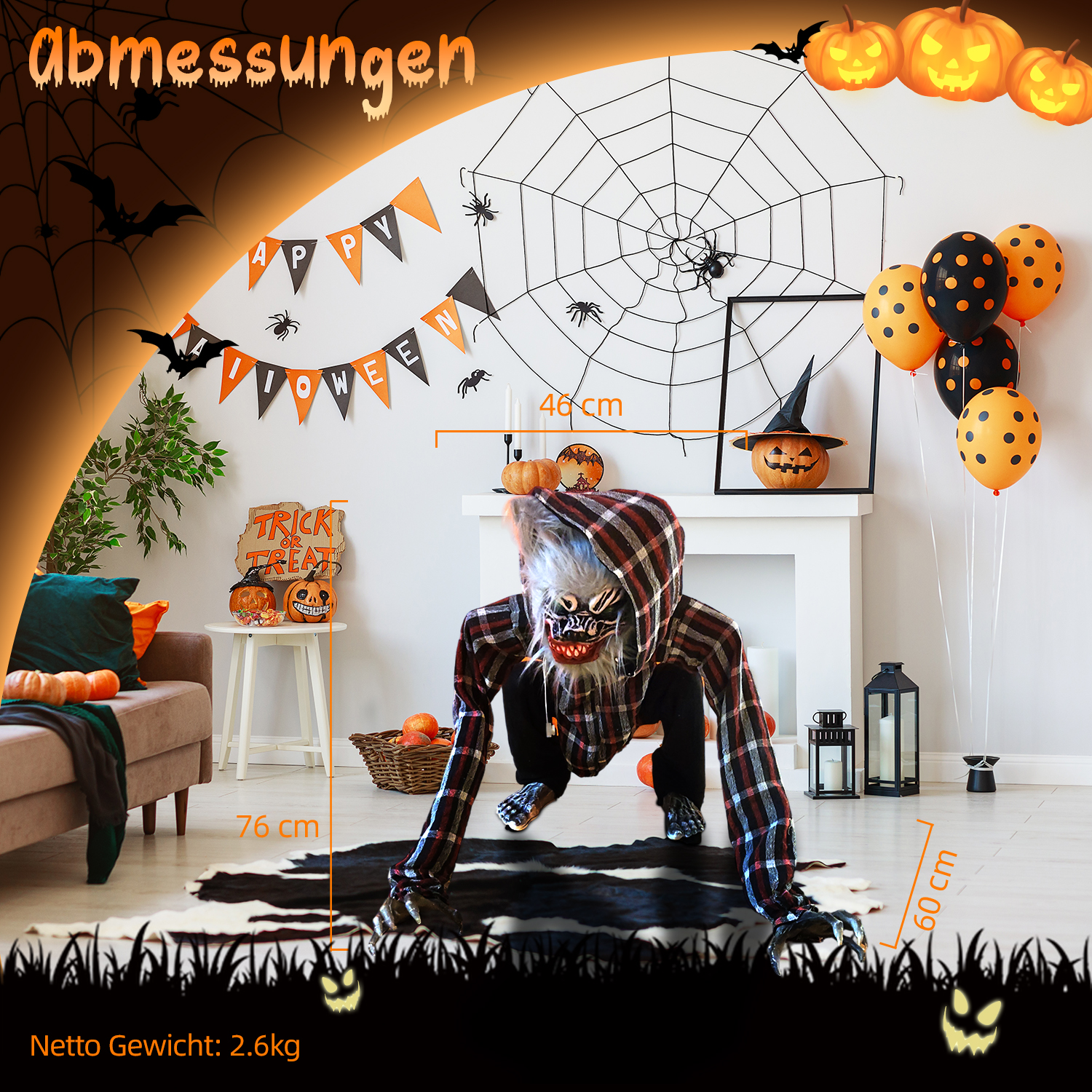 Halloween-Szene: Ein kriechendes Monster, Kürbisse, Spinnennetz, Luftballons und Dekorationen. Abmessungen und Gewicht sind angegeben.