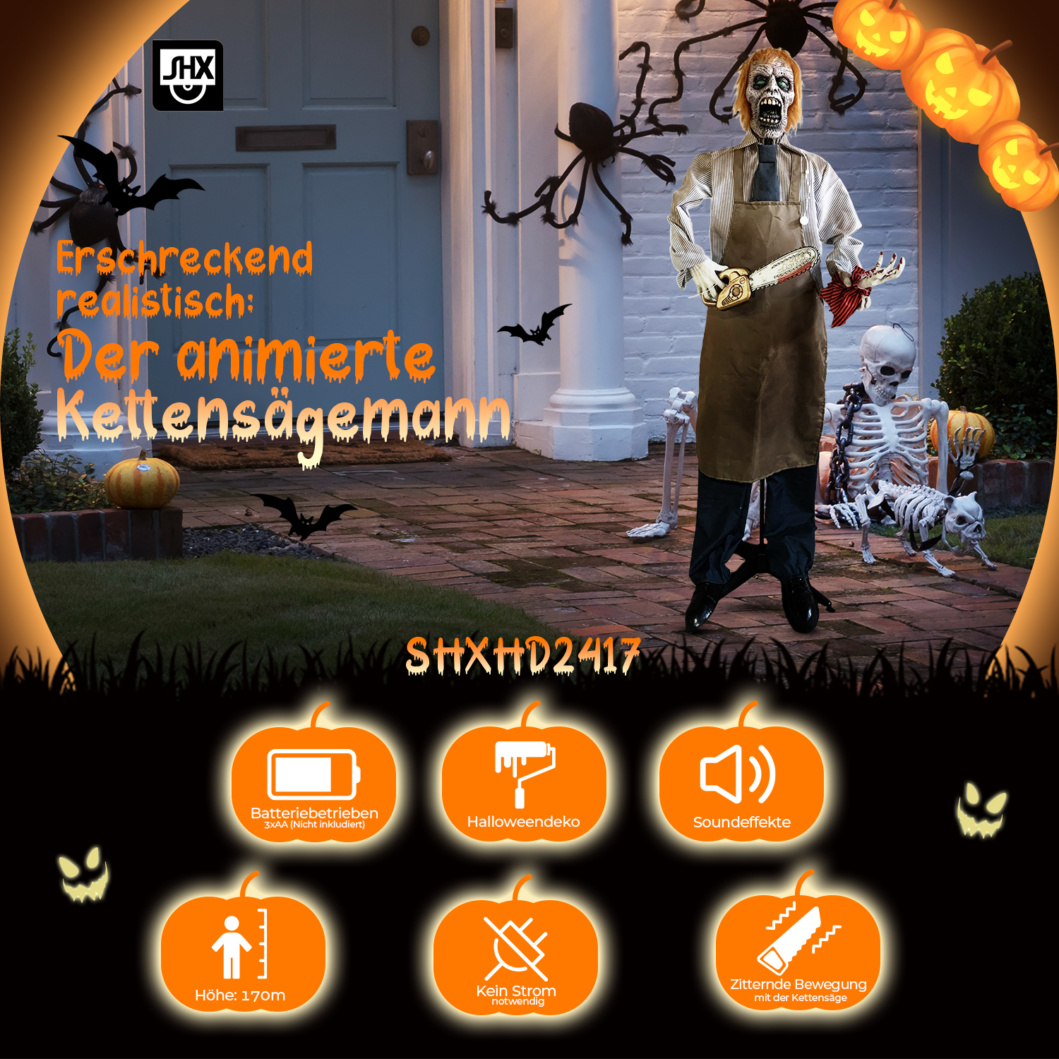 Eine Halloween-Dekoration mit einer Figur mit Kettensäge, Skeletten, Kürbissen und Spinnen-Dekorationen.