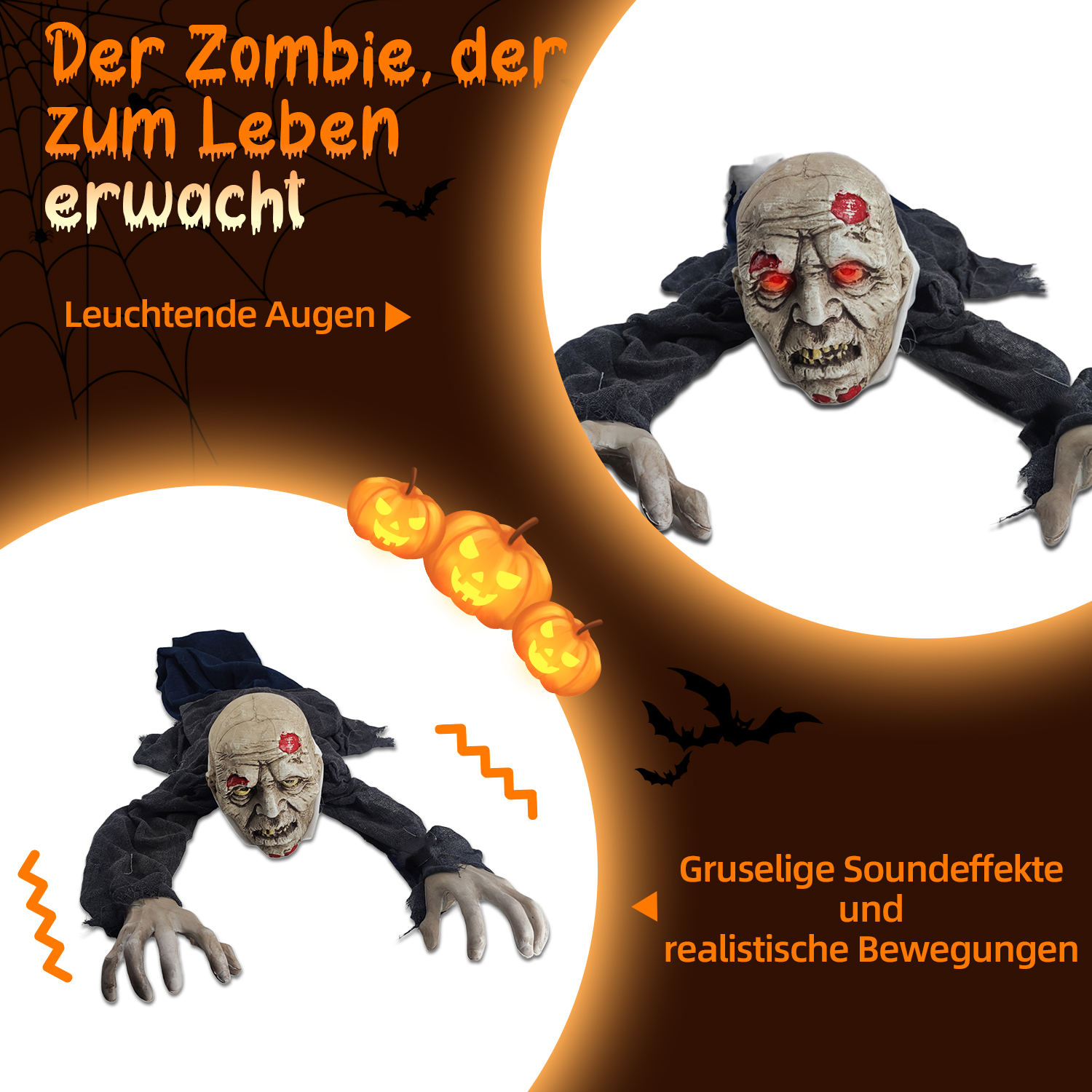 Zwei kriechende Zombiefiguren mit leuchtenden Augen und Kürbissen mit Halloween-Thema. Text: 'Der Zombie, der zum Leben erwacht.'