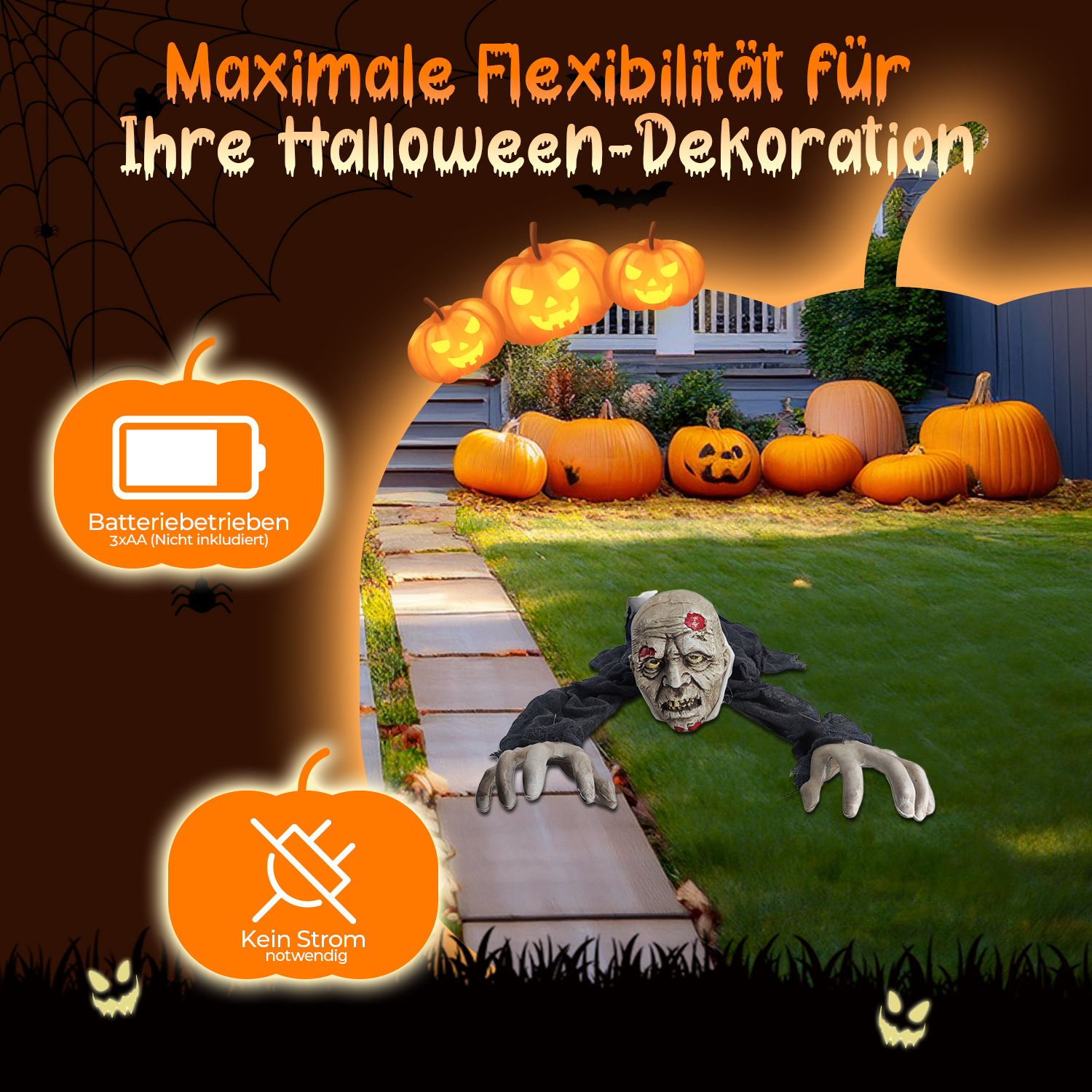 Eine Halloween-Szene mit Kürbissen, einem Zombie und Text auf Deutsch. Die Kürbisse sind beleuchtet, und es gibt einen Weg.