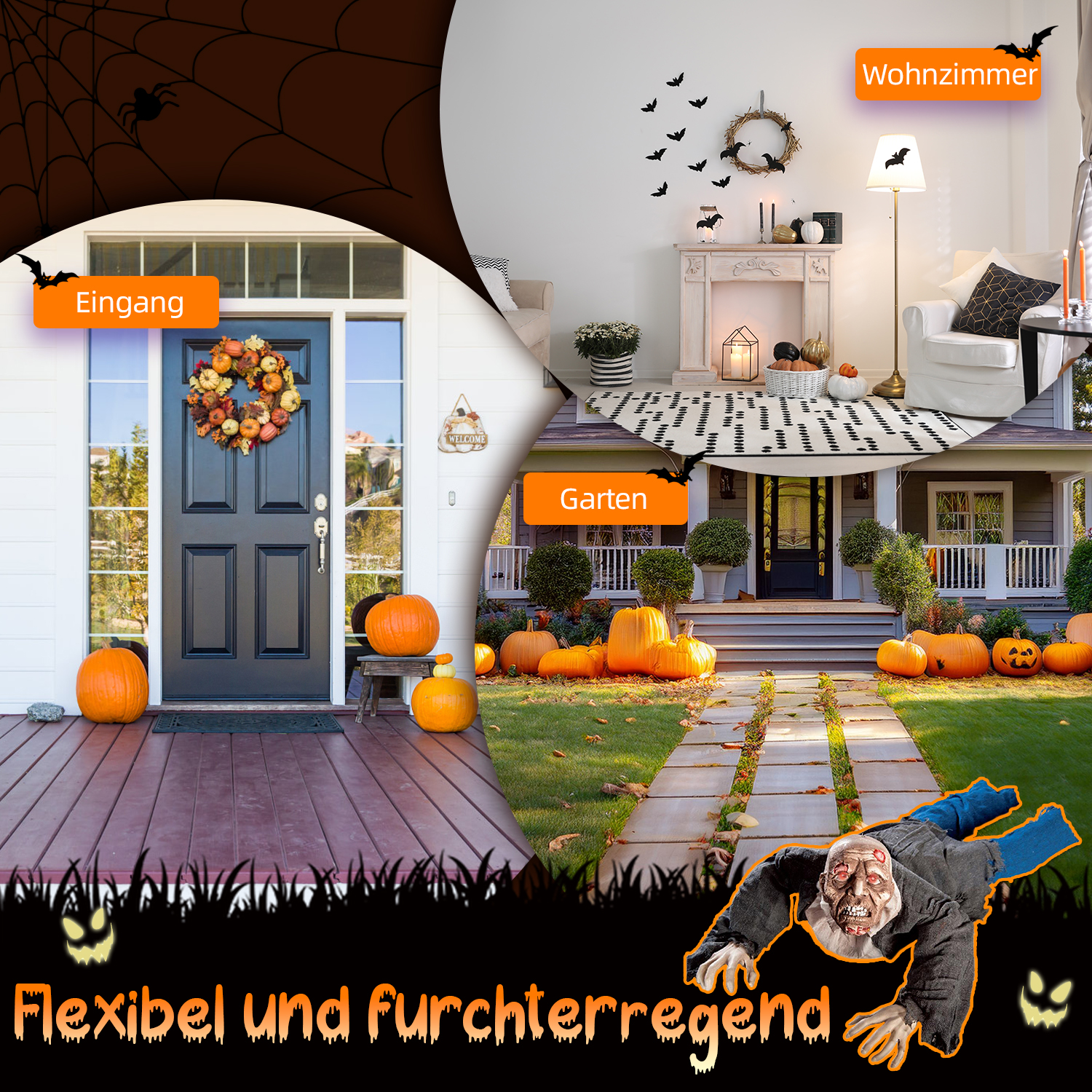 Halloween-Szene mit Haus, Kürbissen, Kranz und Zombie. Deutsche Wörter wie 'Eingang' und 'Garten' sind vorhanden.
