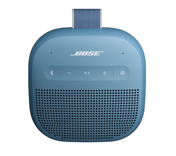 Niebieski przenośny głośnik Bose z przyciskami sterowania i materiałowym uchwytem. Głośnik ma perforowany panel przedni.