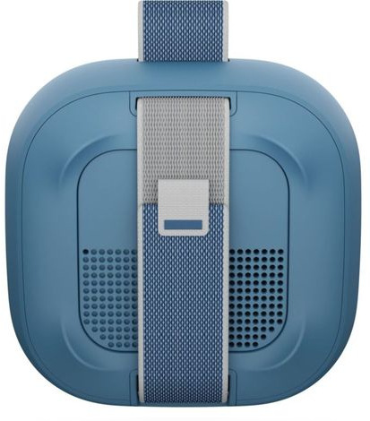 Niebieski zestaw słuchawkowy VR z szarymi i niebieskimi paskami. Pasek jest przymocowany na górze i na środku zestawu słuchawkowego.