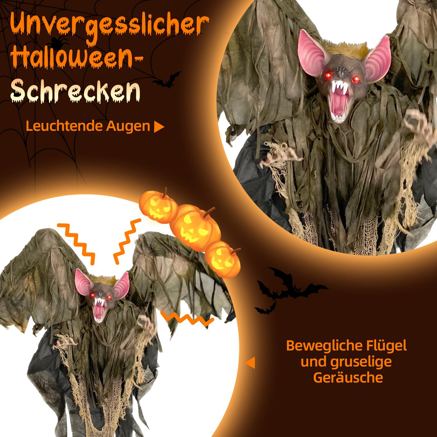 Eine Halloween-Dekoration einer Fledermaus mit leuchtenden Augen und ausgebreiteten Flügeln. Orangefarbene Kürbisse sind im Hintergrund.