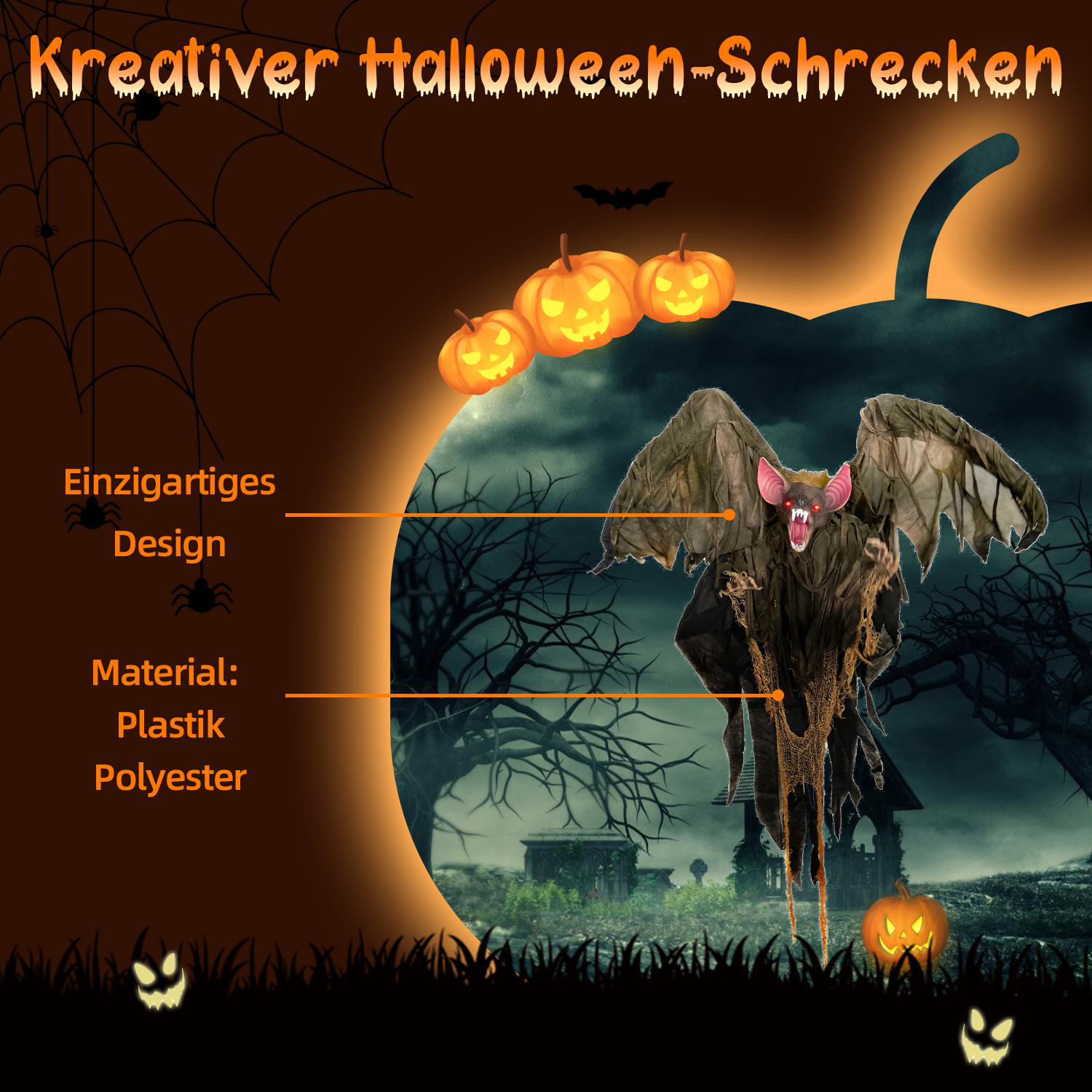Halloween-Dekoration: fledermausartige Figur mit Kürbissen, Spinnennetz und Text 'Kreativer Halloween-Schrecken' vor einem gruseligen Hintergrund.