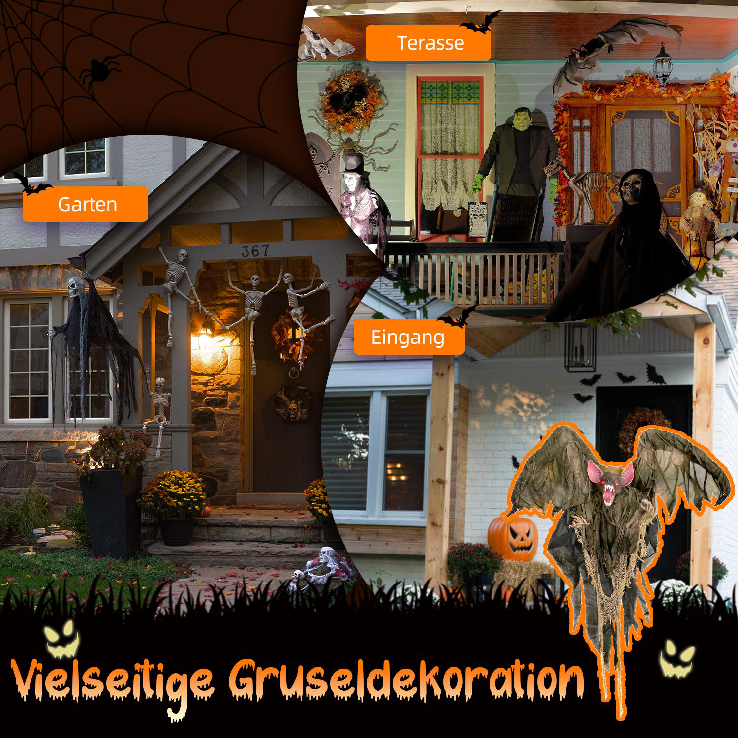 Halloween-Dekorationen an Häusern, darunter Skelette, Fledermäuse, ein Frankenstein und ein Kürbis.