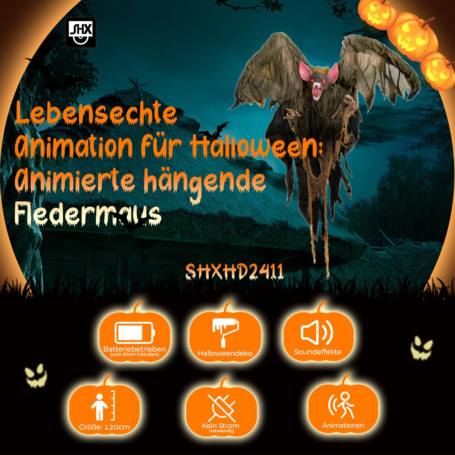 Eine Halloween-Dekoration mit einer hängenden Fledermaus, Kürbissen und Text. Sie hat Soundeffekte und Animation, betrieben mit Batterien.