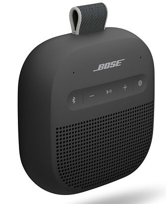 Czarny głośnik Bluetooth Bose z przyciskami sterowania. Ma materiałowy uchwyt i maskownicę głośnika. Widoczne jest logo Bose.