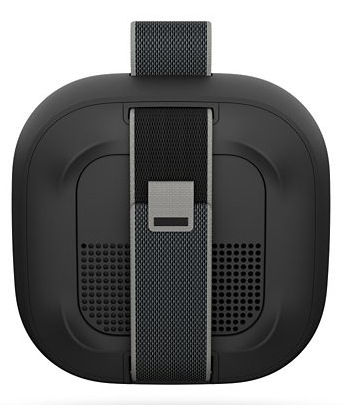 Czarny zestaw VR z szarymi paskami i górnym paskiem. Z tyłu małe otwory na głośniki. Design jest gładki i nowoczesny.