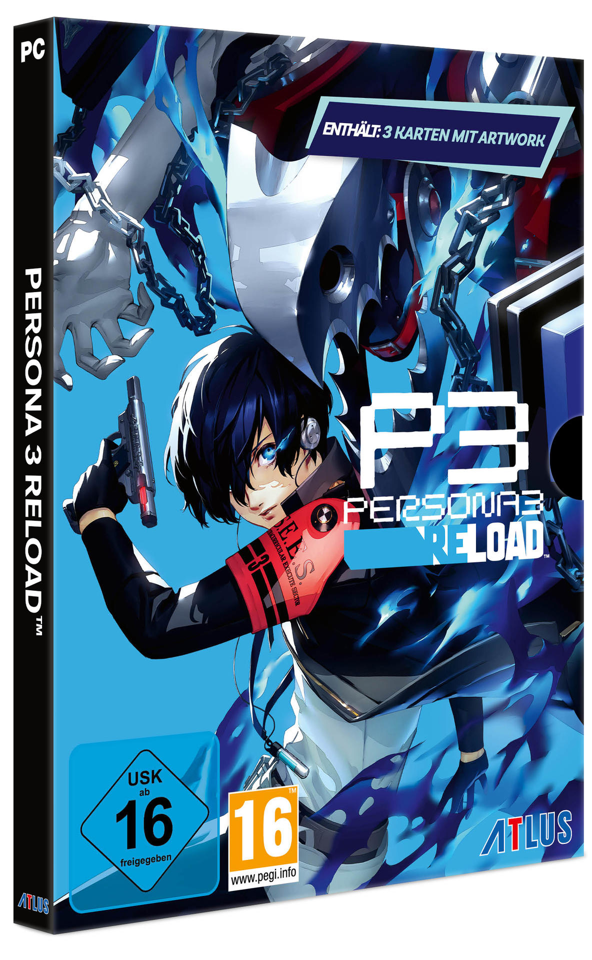 Spielbox-Art für Persona 3 Reload. Zeigt eine Figur mit einer Pistole, Ketten und dem Logo des Spiels. Der Hintergrund hat blaue Farbtöne.