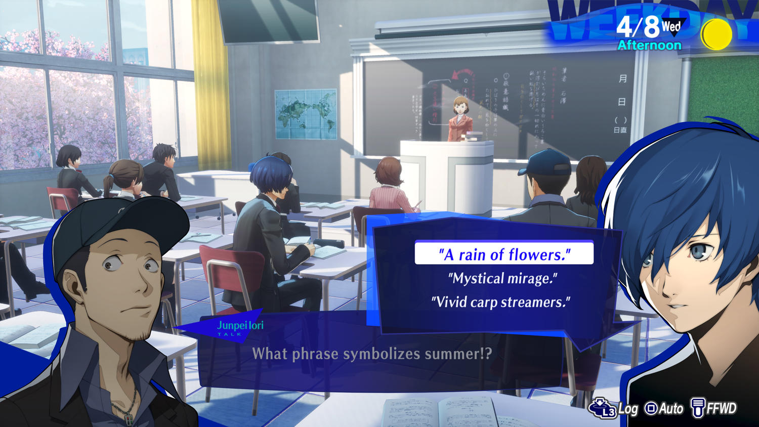 Klassenzimmerszene aus einem Spiel. Schüler an den Tischen, Lehrerin vorne. Dialogoptionen erscheinen. Blauhaariger Charakter schaut den Betrachter an.