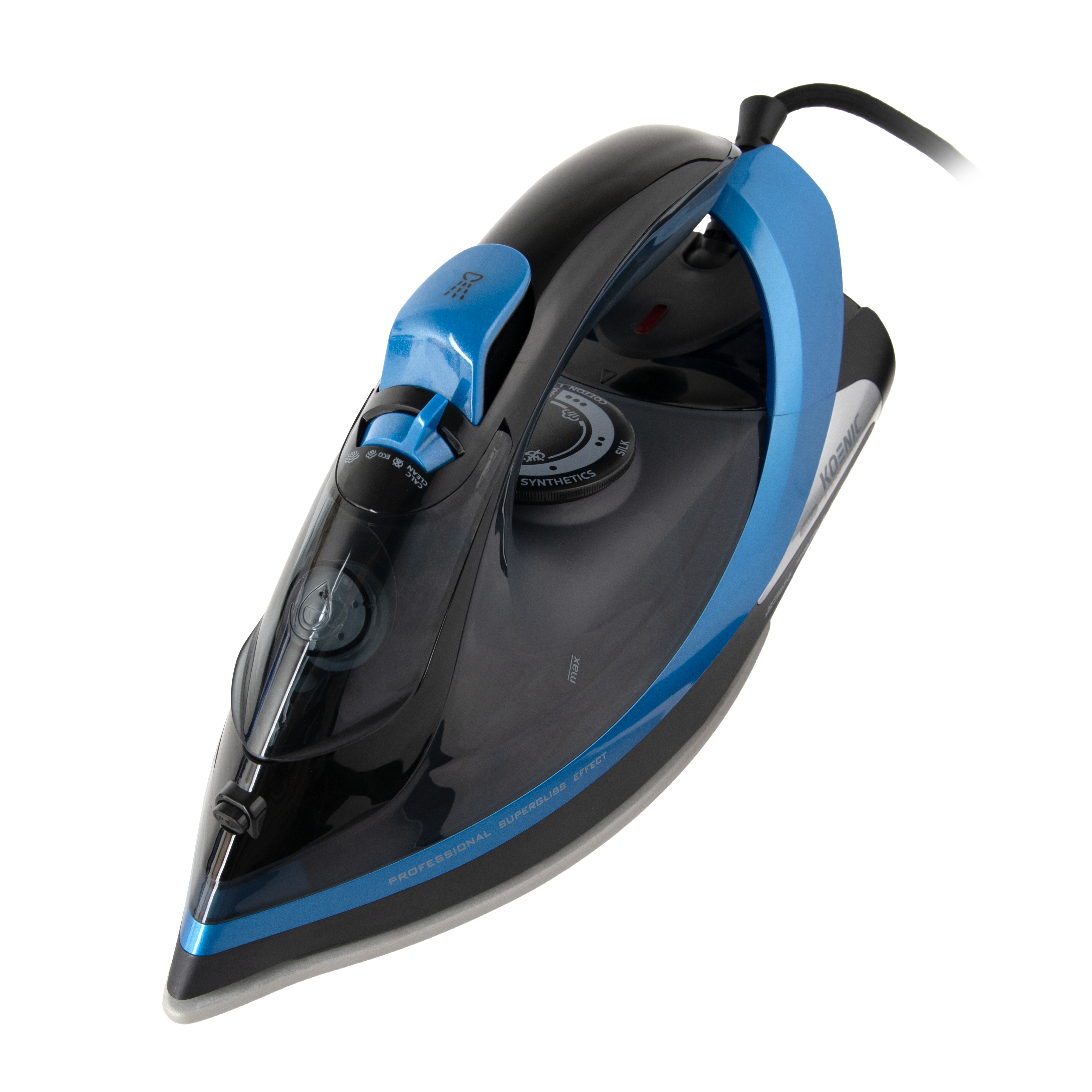 Czarno-niebieskie żelazko na białym tle. Posiada niebieski uchwyt i pokrętło do różnych ustawień tkanin.