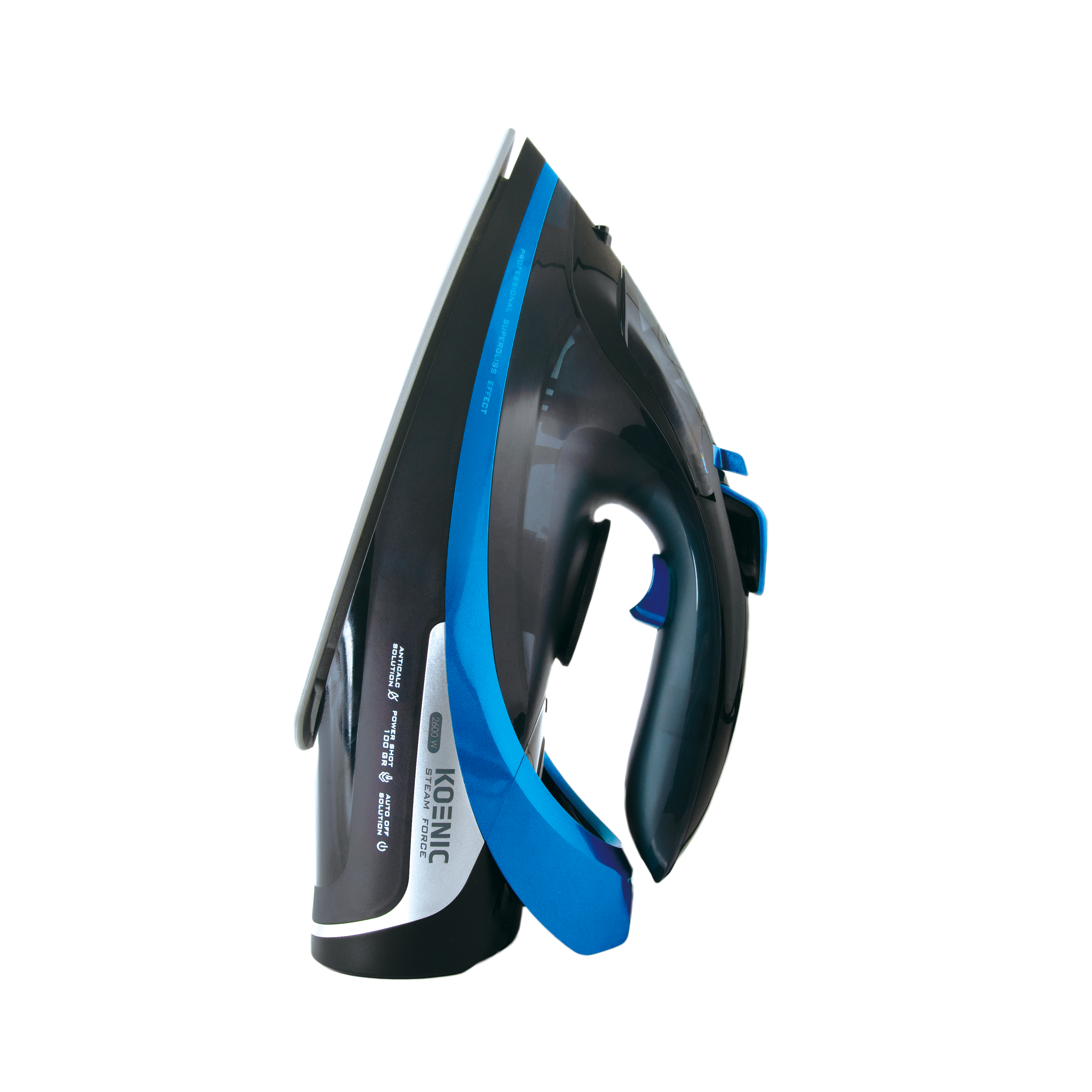 Czarne i niebieskie żelazko. Żelazko ma niebieski przycisk pary i białą podstawę z tekstem.