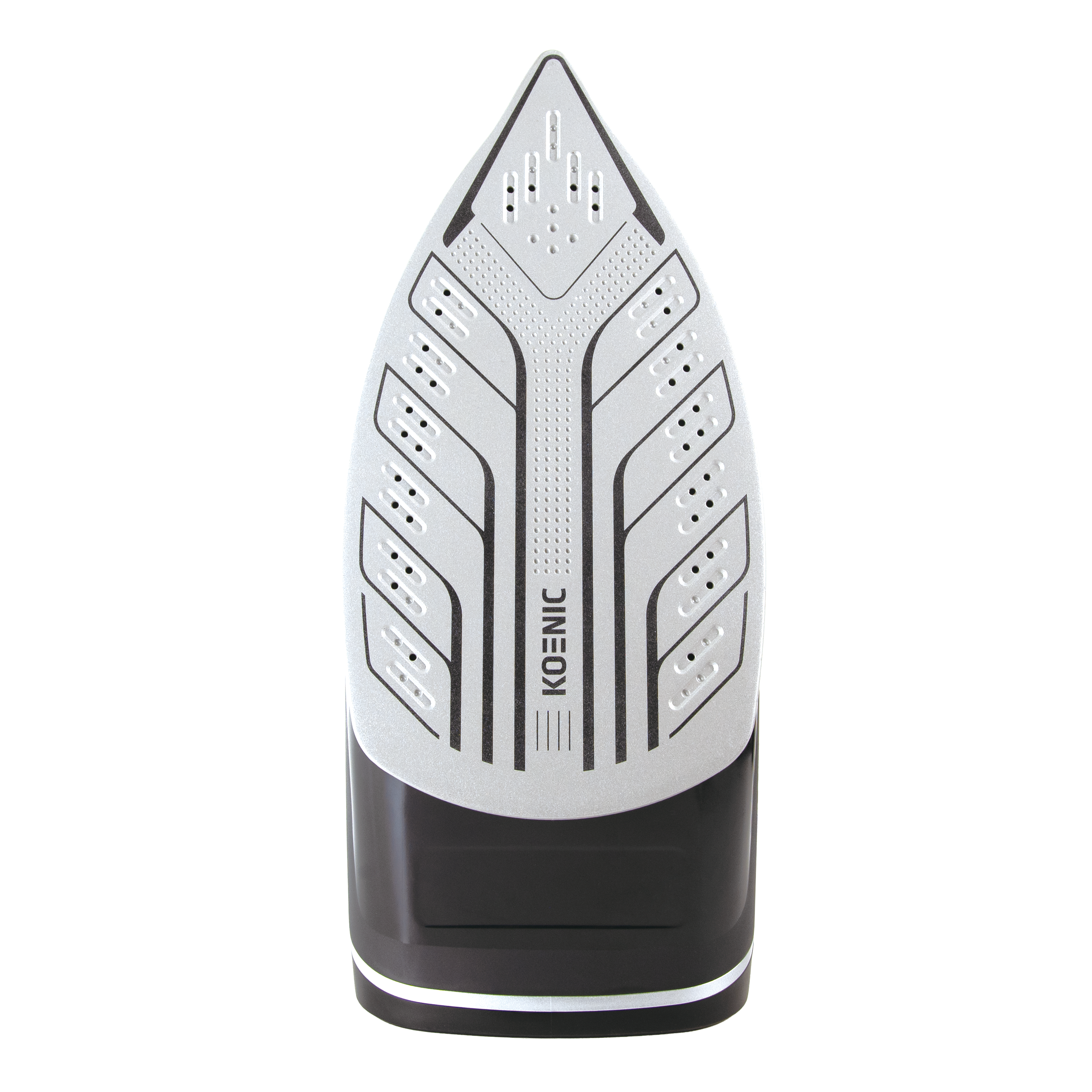 Zbliżenie srebrnego żelazka z czarną podstawą. Żelazko ma markę KOENIC. Tło jest czarne.