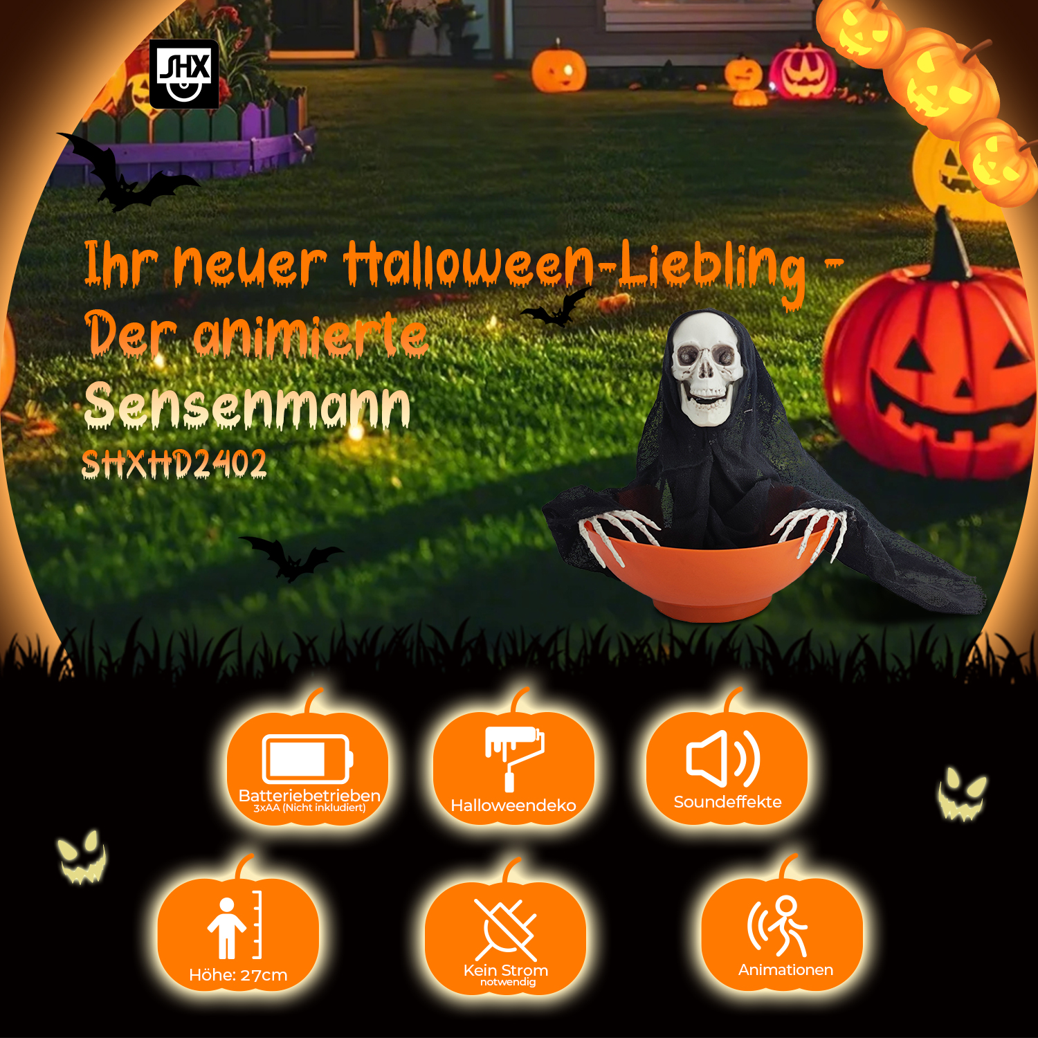 Eine Halloween-Dekoration mit einem Totenkopf, Kürbissen und Text auf Deutsch. Die Dekoration befindet sich auf Gras.