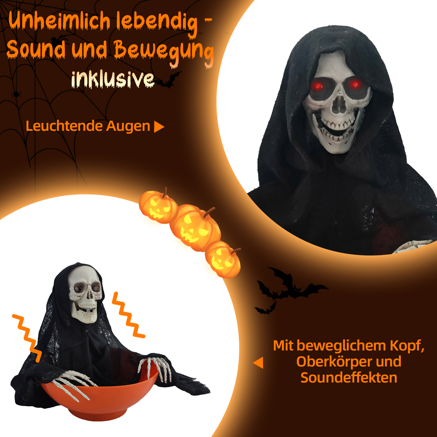 Halloween-Dekoration mit einem Totenkopf in einer schwarzen Robe, mit leuchtend roten Augen. Es gibt Kürbisse, Fledermäuse und Text.