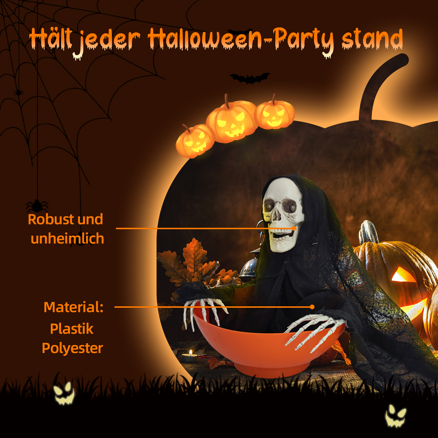 Halloween-Dekoration: Skelett hält eine orangefarbene Schüssel. Kürbisse und Fledermäuse befinden sich im Hintergrund. Text: 'Halloween-Party-Stand'.