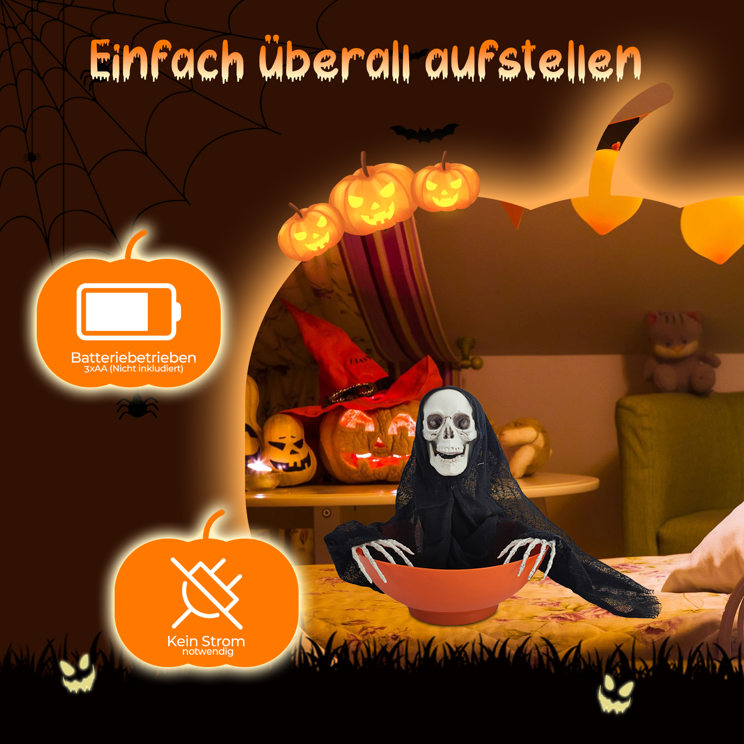 Halloween-Dekoration mit einem Skelett, das eine Schüssel hält. Leuchtende Kürbisse, Fledermäuse und Text auf dunklem Hintergrund.
