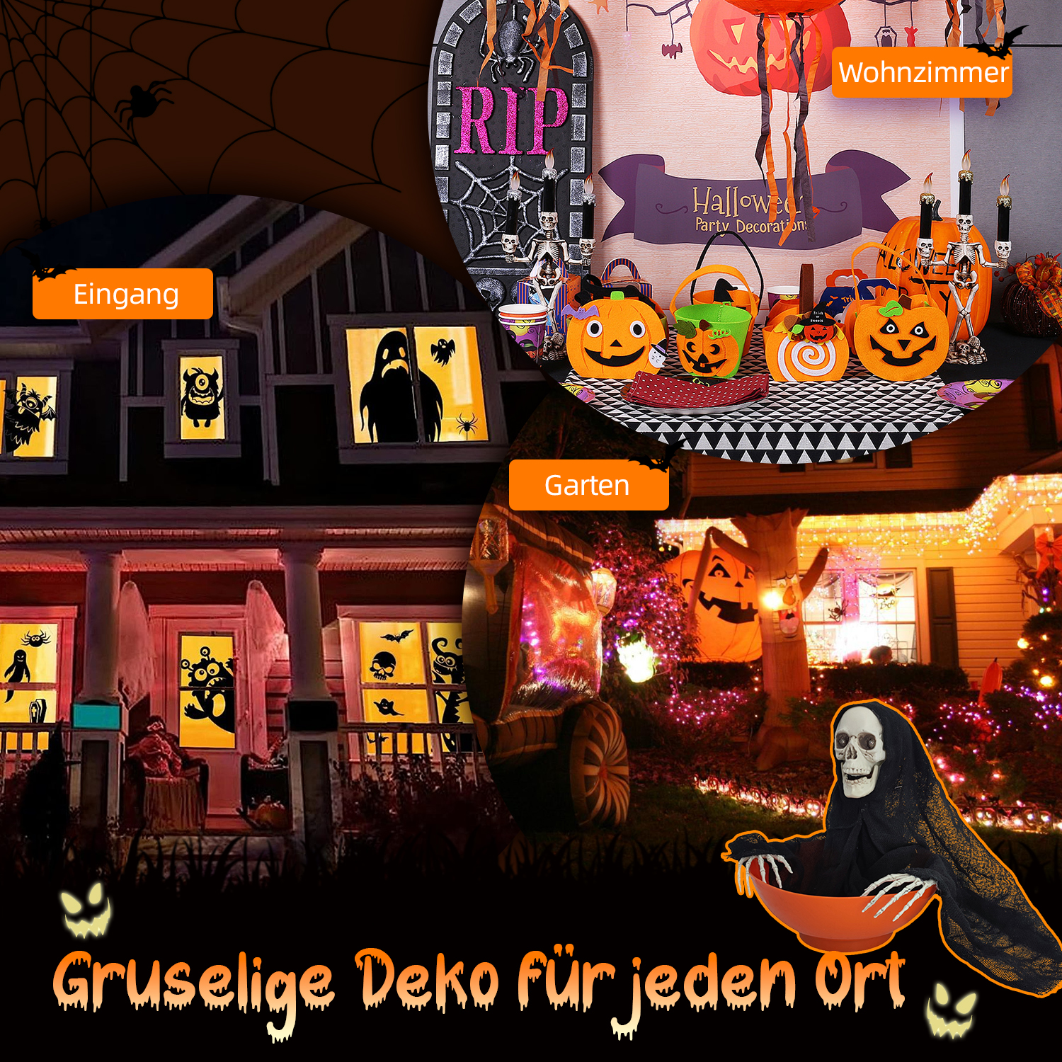 Halloween-Dekorationen: Kürbisse, Geister und gruselige Figuren schmücken Haus und Innenausstattung und schaffen eine festliche, unheimliche Atmosphäre.