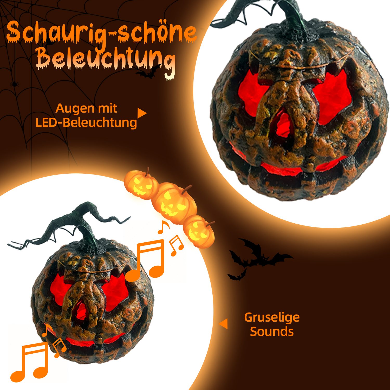 Zwei Halloween-Kürbisse mit LED-Augen. Einer ist oben, einer unten. Es gibt Noten und Fledermäuse um sie herum.