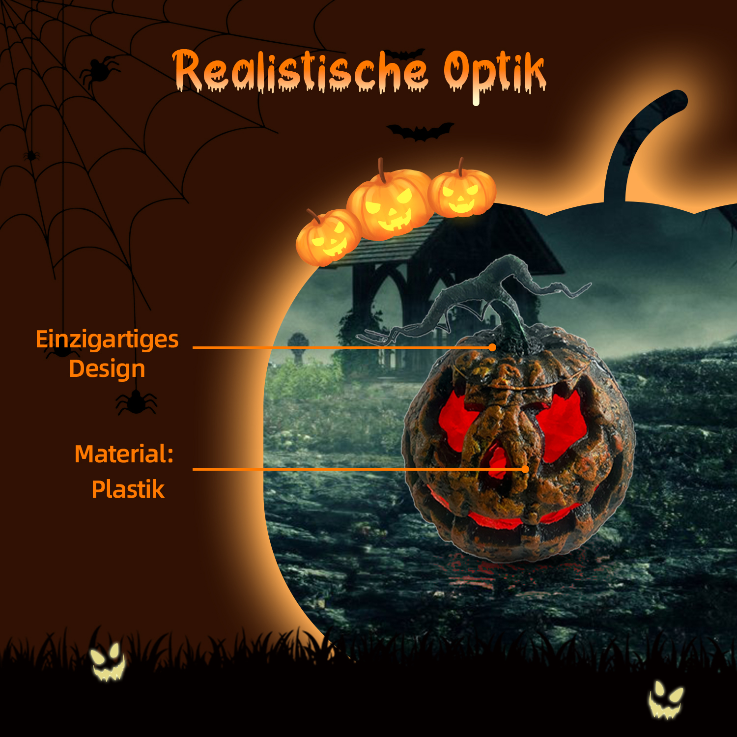 Ein Halloween-Kürbis mit leuchtend rotem Inneren. Im Hintergrund eine gruselige Szene mit Bäumen und dunklem Himmel.