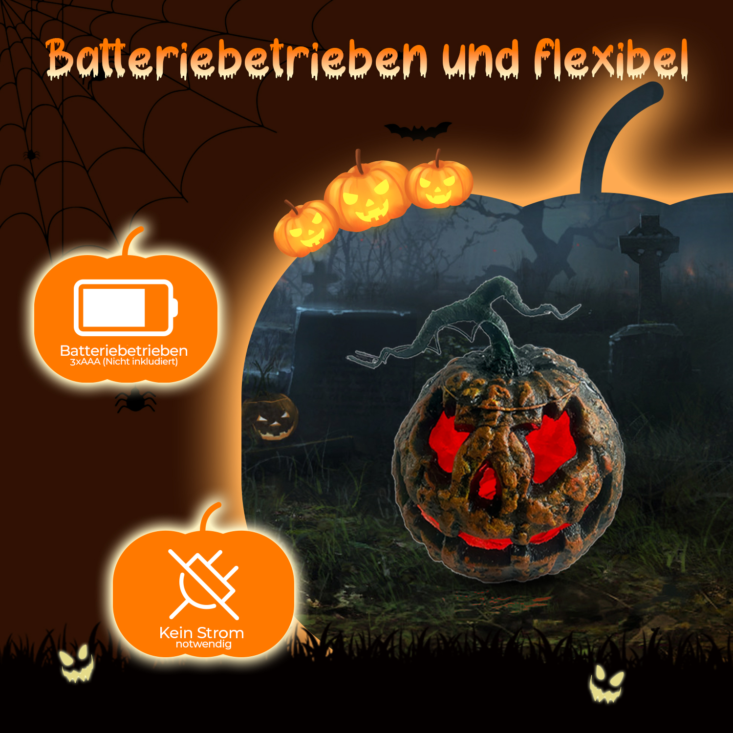 Halloween-Bild mit geschnitzten Kürbissen, Friedhof im Hintergrund und Dekoelementen wie Fledermäusen und Spinnweben. Der Hauptkürbis leuchtet.