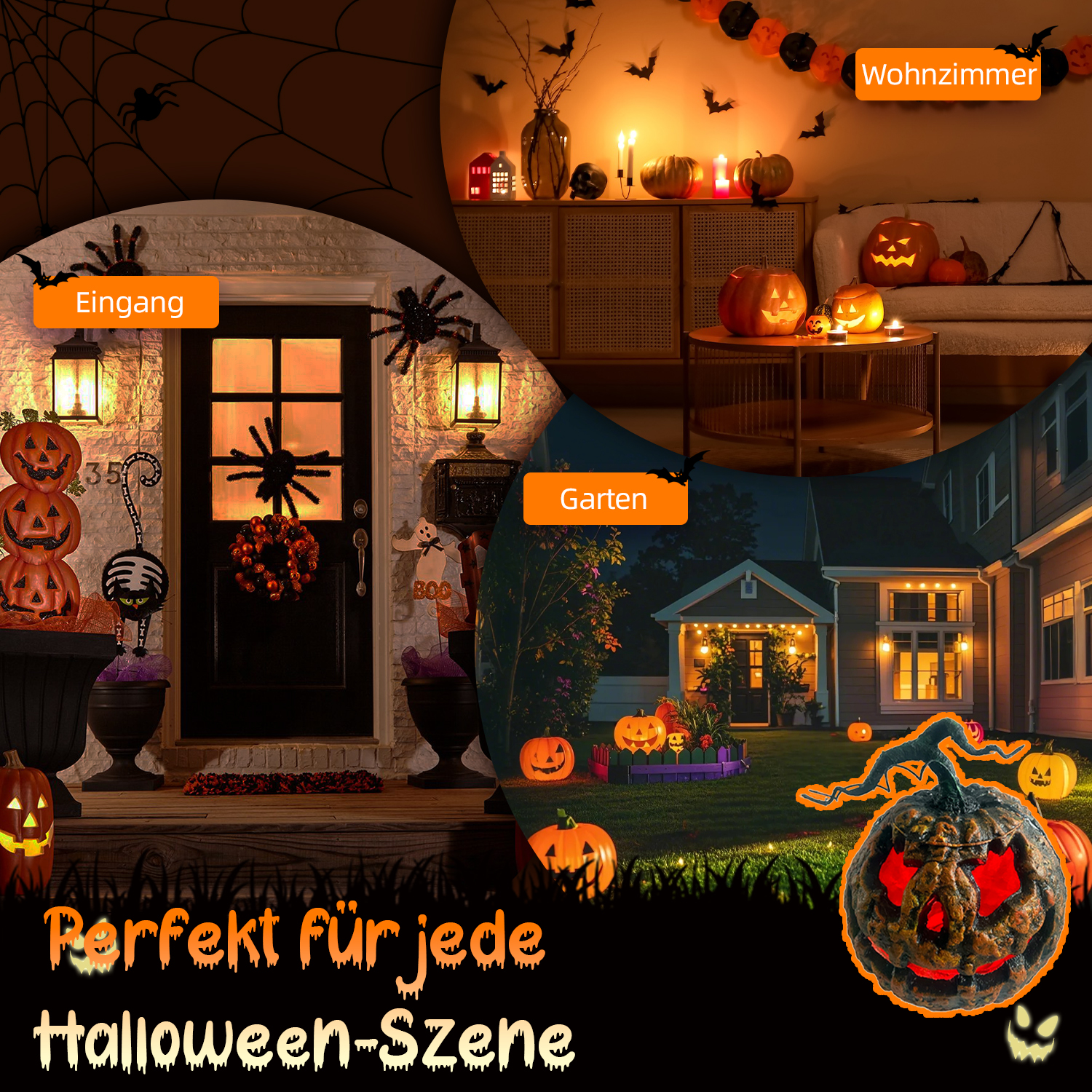 Halloween-Szene: Kürbisse, Dekorationen, Haus und Garten. Eine gruselige Atmosphäre mit Spinnen, Fledermäusen und geschnitzten Kürbissen.
