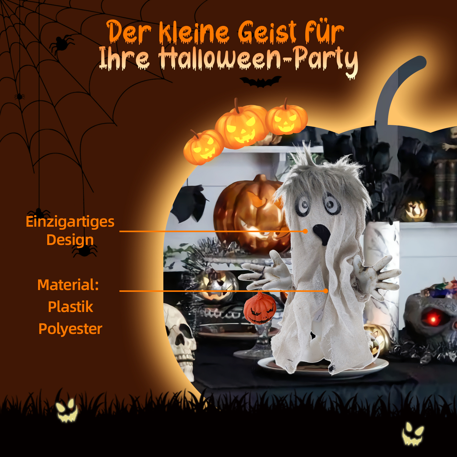 Eine Halloween-Szene mit einer Geisterfigur, Kürbissen und einem Totenkopf. Der Geist ist der Mittelpunkt, mit anderen Dekorationen im Hintergrund.