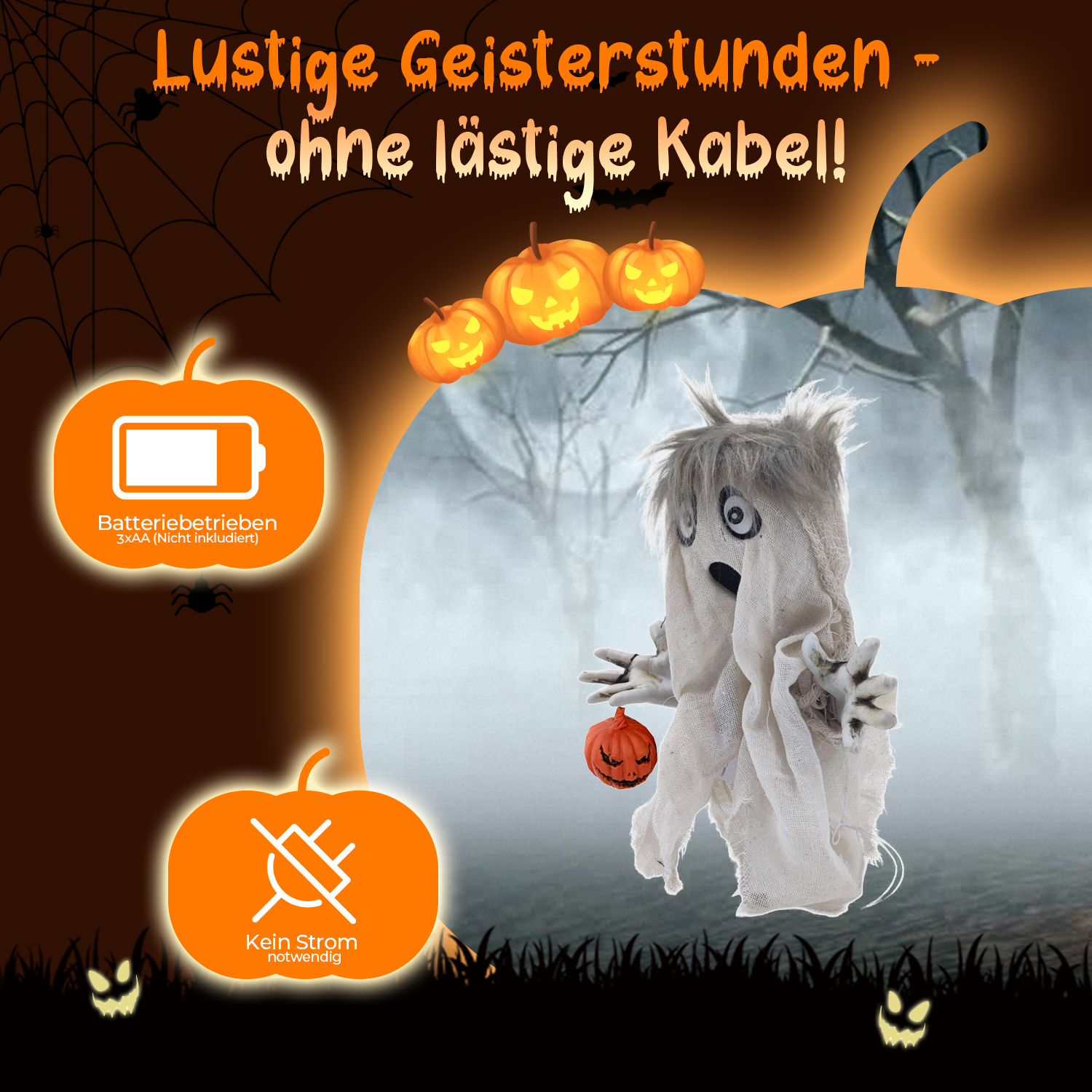 Halloween-Dekoration eines Geistes mit Kürbis, mit Kürbislichtern und Text auf Deutsch: 'Lustige Geisterstunden – keine lästigen Kabel!'