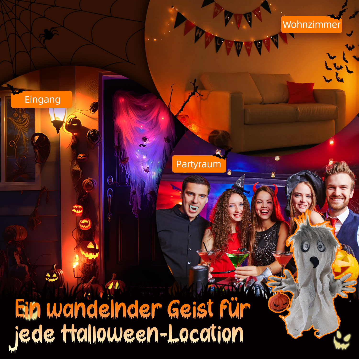 Halloween-Szene mit Eingang, Wohnzimmer und Partyraum. Menschen in Kostümen, Dekorationen und eine Geisterfigur. Text: Ein wandelnder Geist für jede Halloween-Location.