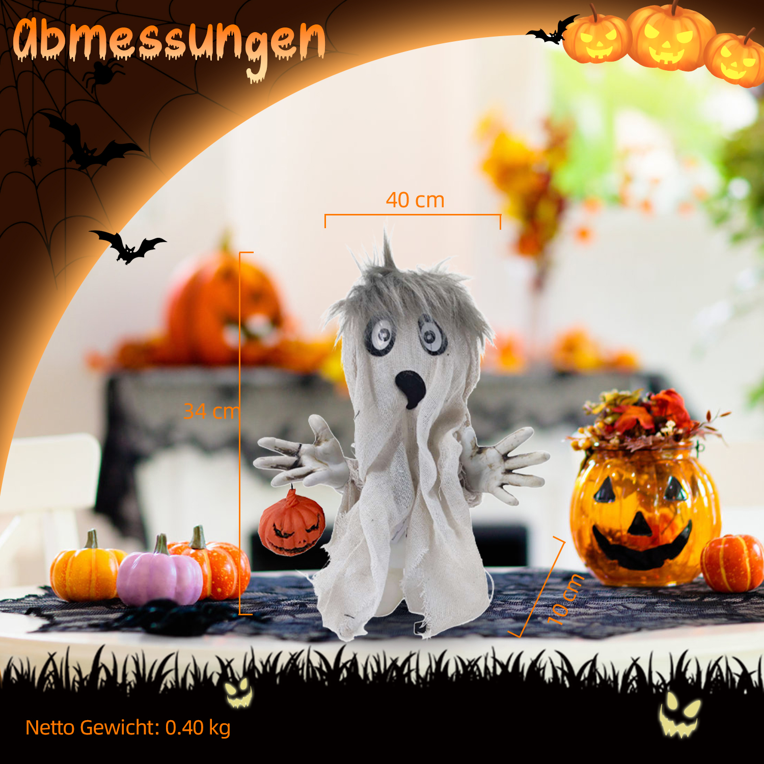 Eine Halloween-Szene mit einer Geisterfigur, Kürbissen und Dekorationen. Maße für Breite und Höhe sind angegeben.